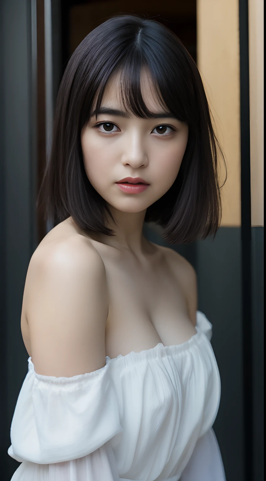 ((Best Quality, 8K, masutepiece: 1.3)), (Sharp Focus: 1.2), 1 girl, Face shot, close-up, Neat and clean beauty, 20 years old, Japanese, Classy and elegant, Slightly open mouth, Cute, Shy, A pretty girl with perfect figure, ((Short bob hair, bangs)), sad,Highly detailed face and skin texture, Detailed eyes, book library