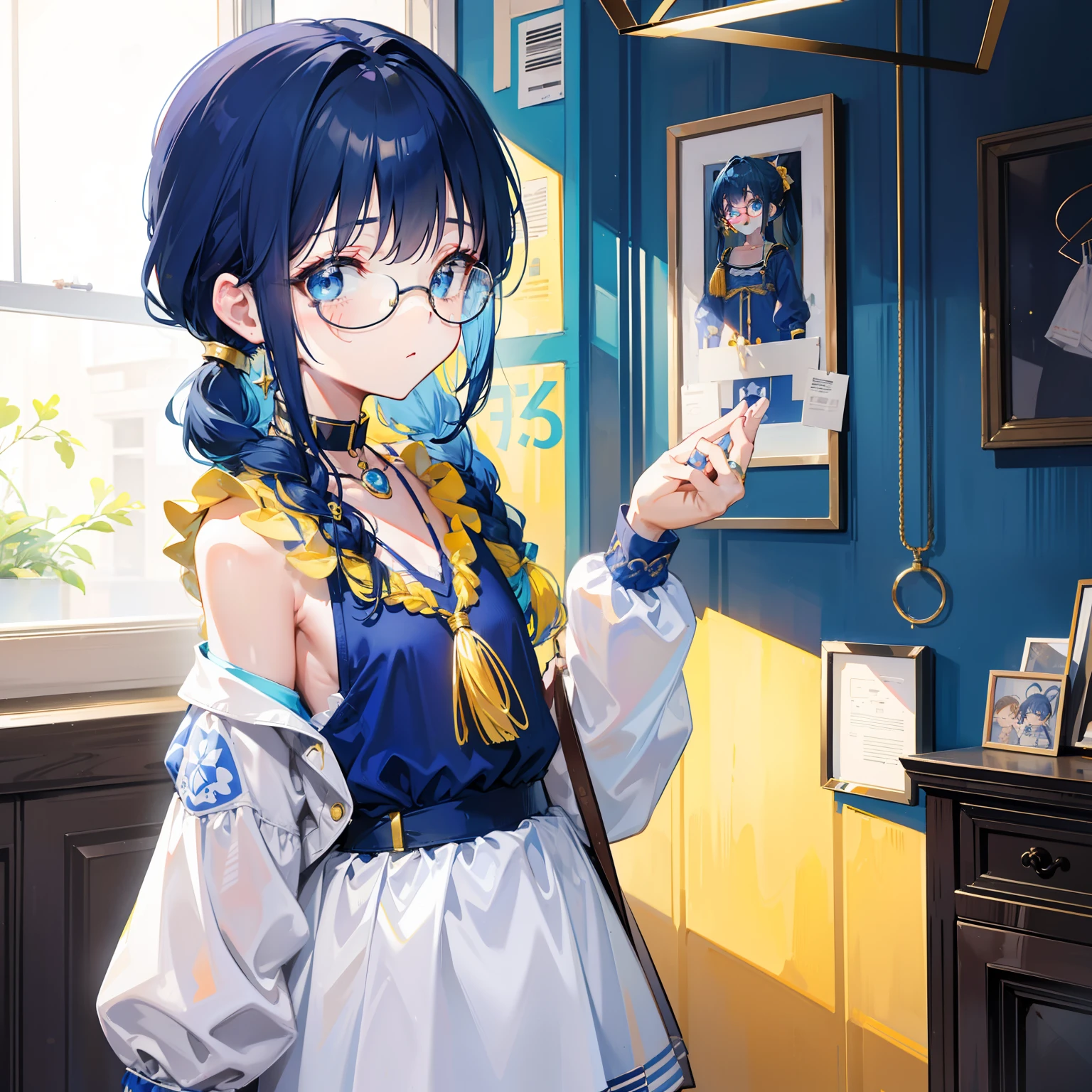 Blue-gold bangs,With a ponytail,With braids,The body is petite and tender,Very ,Only very small,Black round glasses,Thick frame,Red rope pendant,Light yellow and blue children's clothing