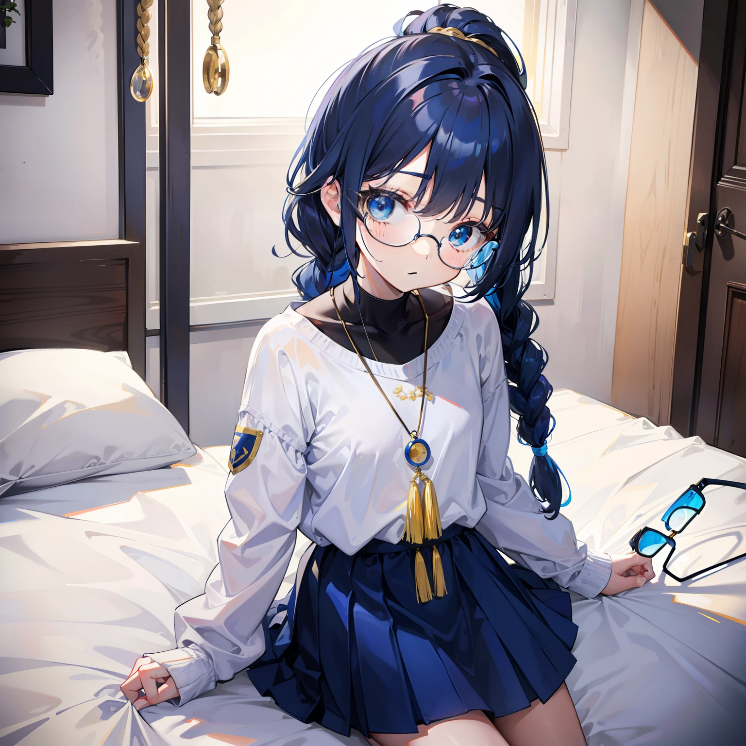 Blue-gold bangs，With a ponytail，With braids，The body is petite and tender，Very loli，Only very small，Black round glasses，Thick frame，Red rope pendant，Light yellow and blue children's clothing