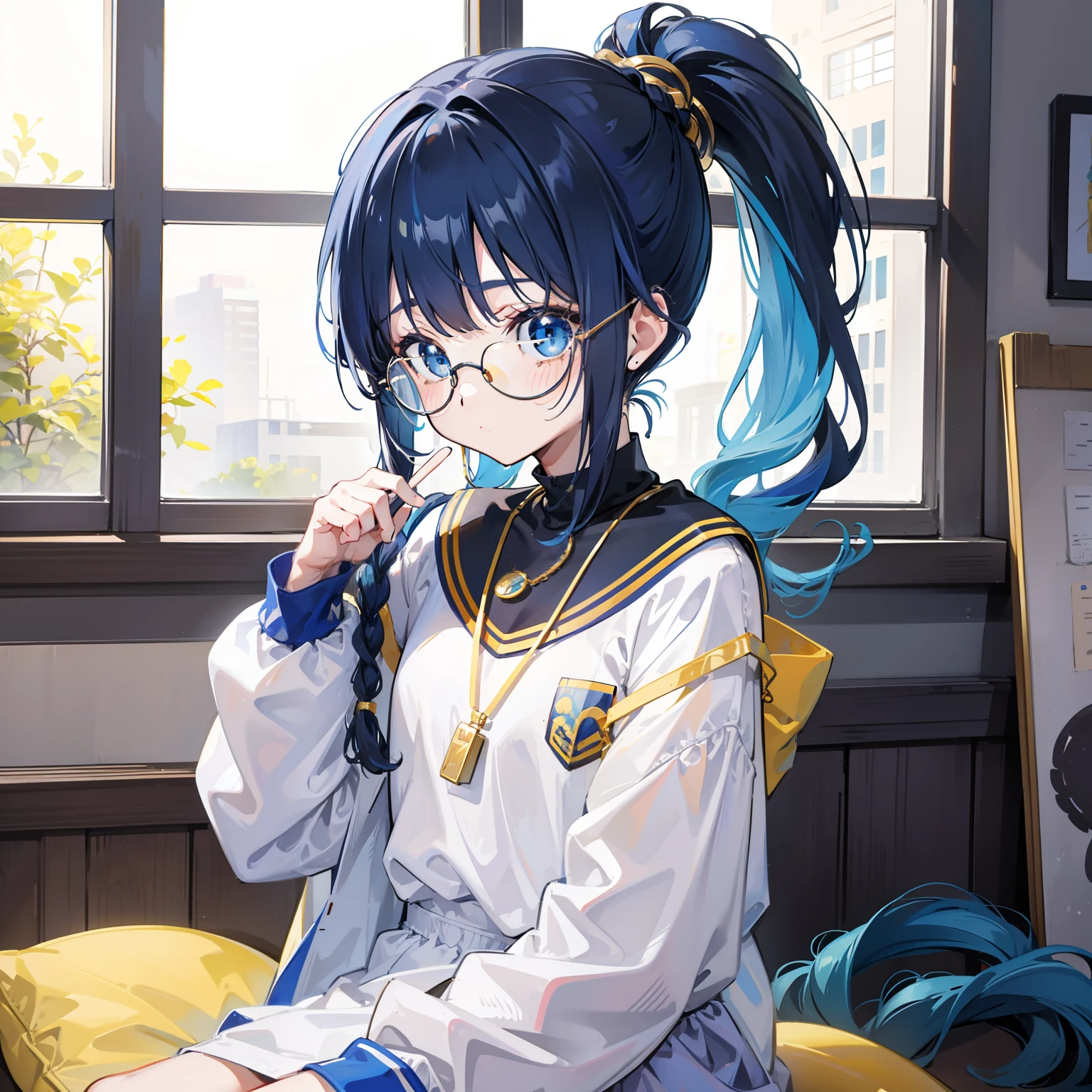 Blue-gold bangs,With a ponytail,With braids,The body is petite and tender,Very loli,Only very small,Black round glasses,Thick frame,Red rope pendant,Light yellow and blue children's clothing