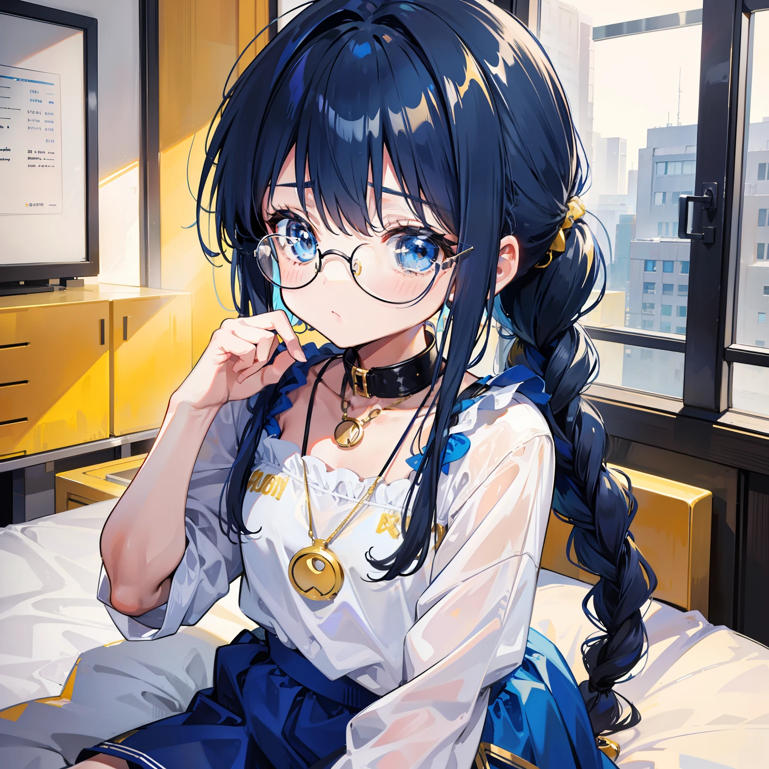 Blue-gold bangs,With a ponytail,With braids,The body is petite and tender,Very ,Only very small,Black round glasses,Thick frame,Red rope pendant,Light yellow and blue children's clothing