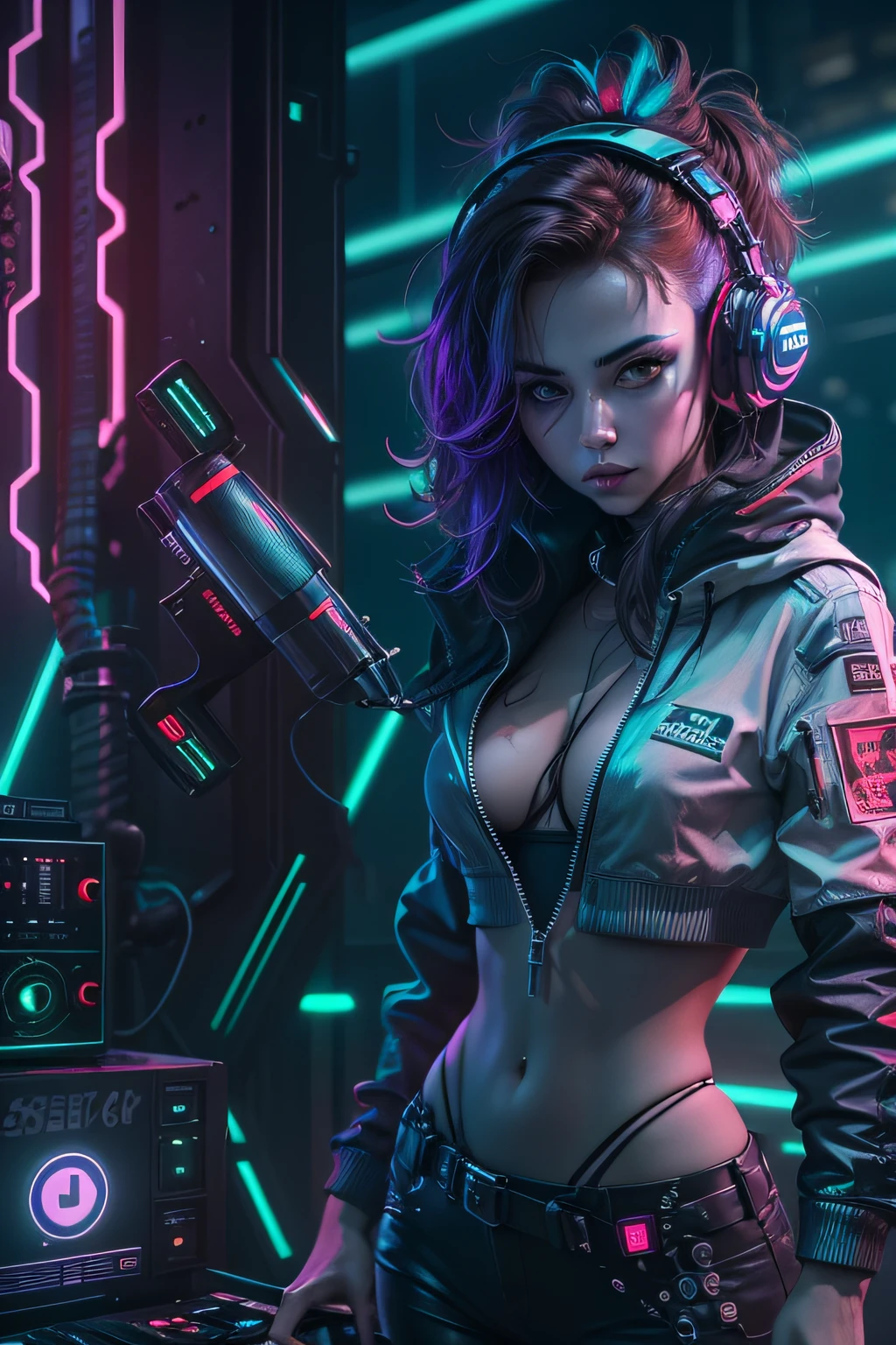 Por favor, gere uma imagem de uma DJ feminina perfeitamente integrada com equipamentos de mixagem de ponta em uma boate com tema cyberpunk. A boate deve ter um visual futurista, neon-lit environment with holographic displays and elements of urban decay. O DJ deve estar no centro da imagem, Skillfully manipulate the equipment with a dynamic pose. Your costume and appearance should reflect the cyberpunk aesthetic, com roupas futuristas, cabelo neon, and cyber enhancements, If possible. Toda a cena deve exalar uma alta tecnologia, dystopian atmosphere.