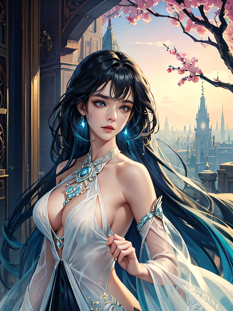 (((masterpiece)))、(((top-quality)))、((ultra-detailliert))、highly detailed CGillustration、((extremely delicate and beautiful))、Official art、portrait of a beautiful woman、4/5 shots、Cinematic Light、Exquisite beauty and captivating aesthetics、Convincing characters、Visually appealing environment、ighly detailed、Graceful and seductive figure、Graceful aura、enchanting eyes with bright colors and delicate shading、Complex facial features、Elaborate patterns that blend fantasy and contemporary fashion、Flowing fabric、Clothes with rich texture design、Breathtaking natural landscapes、Bustling futuristic cityscape、Mystical realm filled with magical elements、vivd colour、Dynamic lighting、Detailed background elements、Depth and immersion、Unique lighting effects、Creative drawing techniques、Unconventional color palette、camera: Character beauty、Depth and mood、intricate detailes、Look at viewers、A detailed face