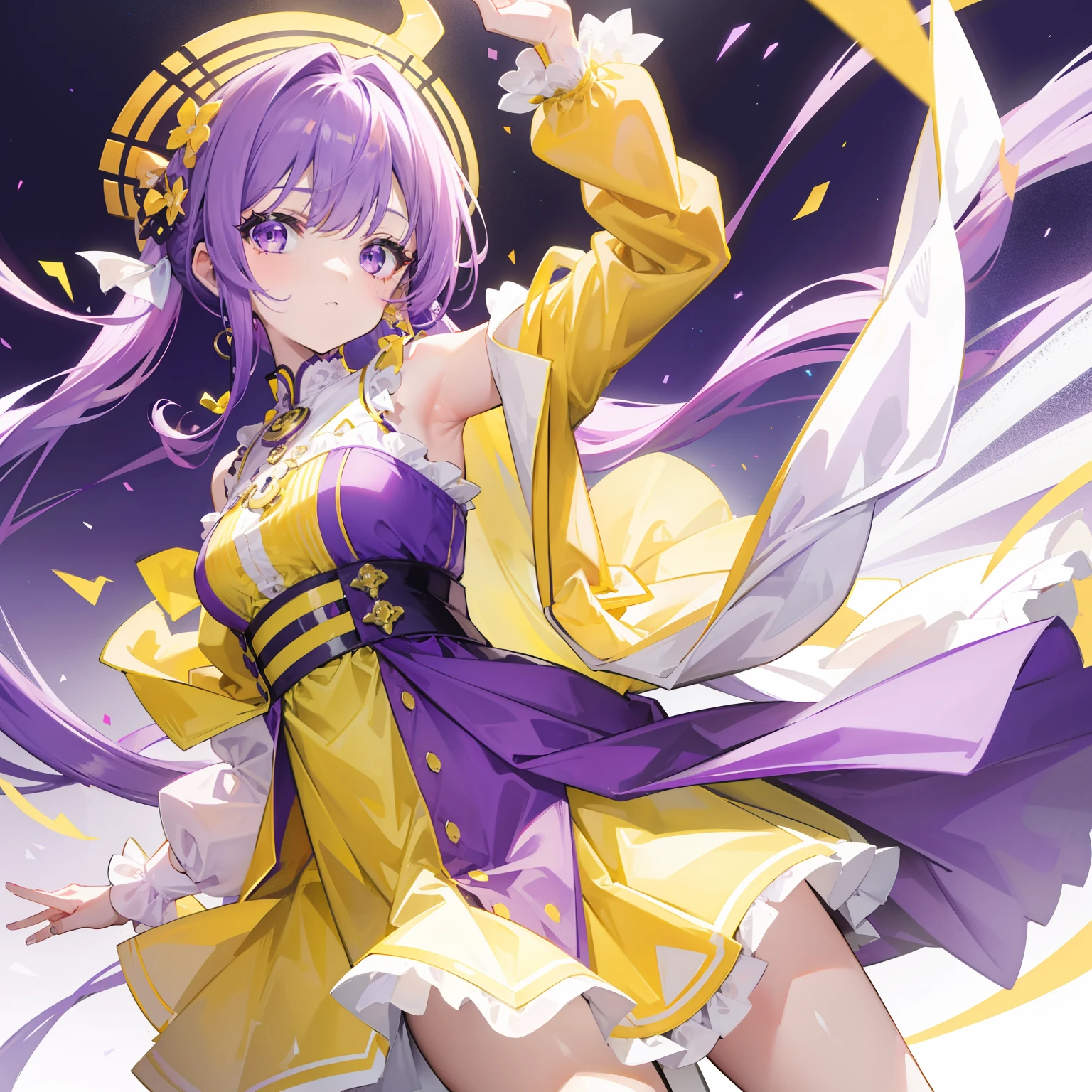 Long purple and yellow bangs,Energetic high ponytailed hair,Purple simple dress, Yellow and white accessories,Cute and lively beautiful girl,The charm was very tempting