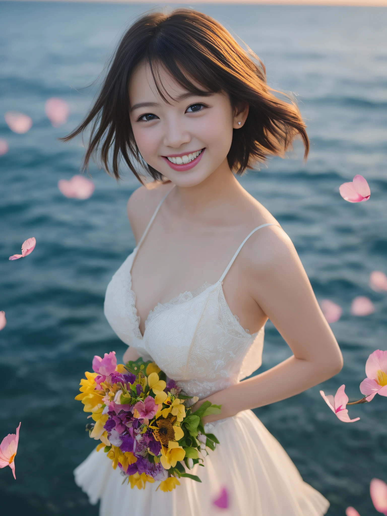 Only one girl、((perfect bodies)))、(masterpiece)、((top-quality))、(ultra-detailliert)、((extremely delicate and beautiful))、nffsw,(((incredibly absurdness)))、((perfect bodies)))、(((A dark-haired)))、(((short-cut)))、(Okabo hair)、(((Looking at the camera)))、{{{maternal}}}、(((small tits)))、(((The best smile that makes you happy)))、Camisole dress、mare+Background with、dynamic ungle、female focus on、{Particles of light}、Meticulous background、((paul hedley)))、Soft lighting、Evening glow、Very beautiful sunset、Live action、realisitic、Angle from above、cute smile face、(the background is blurred)、12year old、being thin、((the wind))、(((movement)))、(((emotional)))、((colourfull))、((a baby face))、((Beautiful teeth)) 、Numerous petals fly on the wind、(((f lare)))