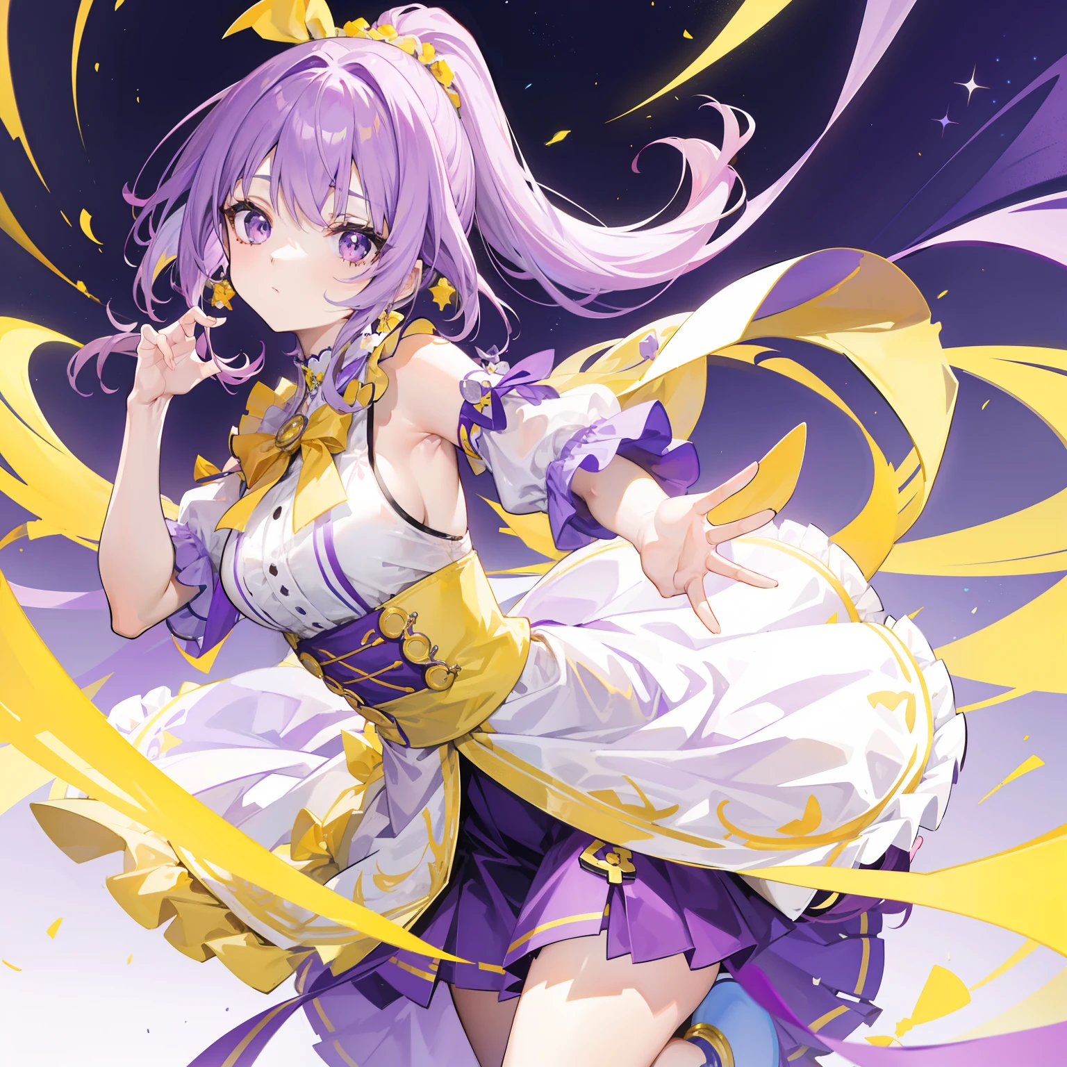 Long purple and yellow bangs，Energetic high ponytailed hair，Purple simple dress, Yellow and white accessories，Cute and lively beautiful girl，The charm was very tempting