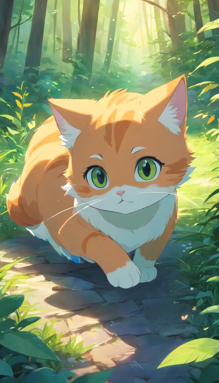 [Cutecore, Tiny core, Core of nature] Cute  cat, bosque, Jugando, se ve divertido, Ojos estilo Pixar