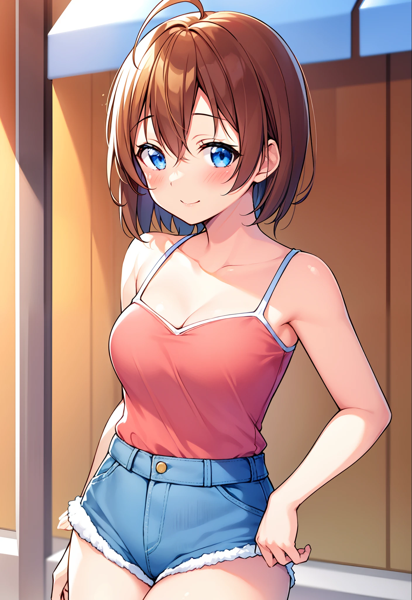 Kousaka honoka, blue eyes, best quality, masterpiece, upper body, standing, solo focus, short hair, medium breasts, one-piece_tan, tan, cleavage, small t-shirt, denim jeans shorts, looking at viewer, mall, (blush:1.2), happy, ahoge