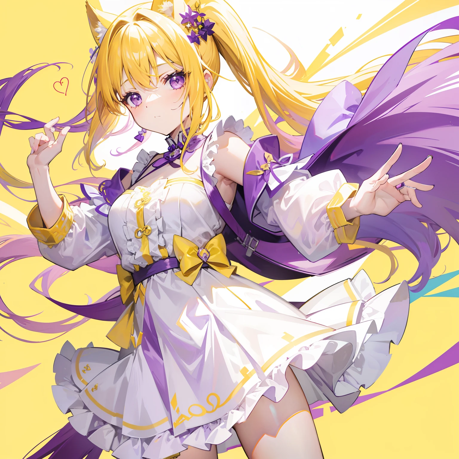 Long purple and yellow bangs,Energetic high ponytailed hair,Purple simple dress, Yellow and white accessories,Cute and lively beautiful girl,The charm was very tempting