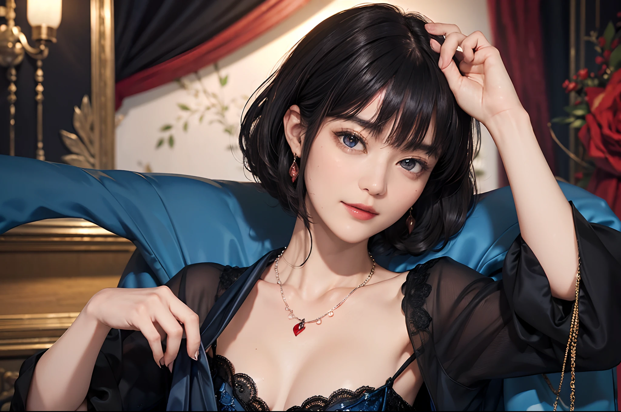 ((1womanl)), (((Black Shorthair))), (masuter piece:1,2)、top-quality、masterpiece、hight resolution、Original、highly detailed wallpaper、dress code、Luxurious necklace, A slight smil、a small face、(Breast)、(Red or blue dress)、Live-action style