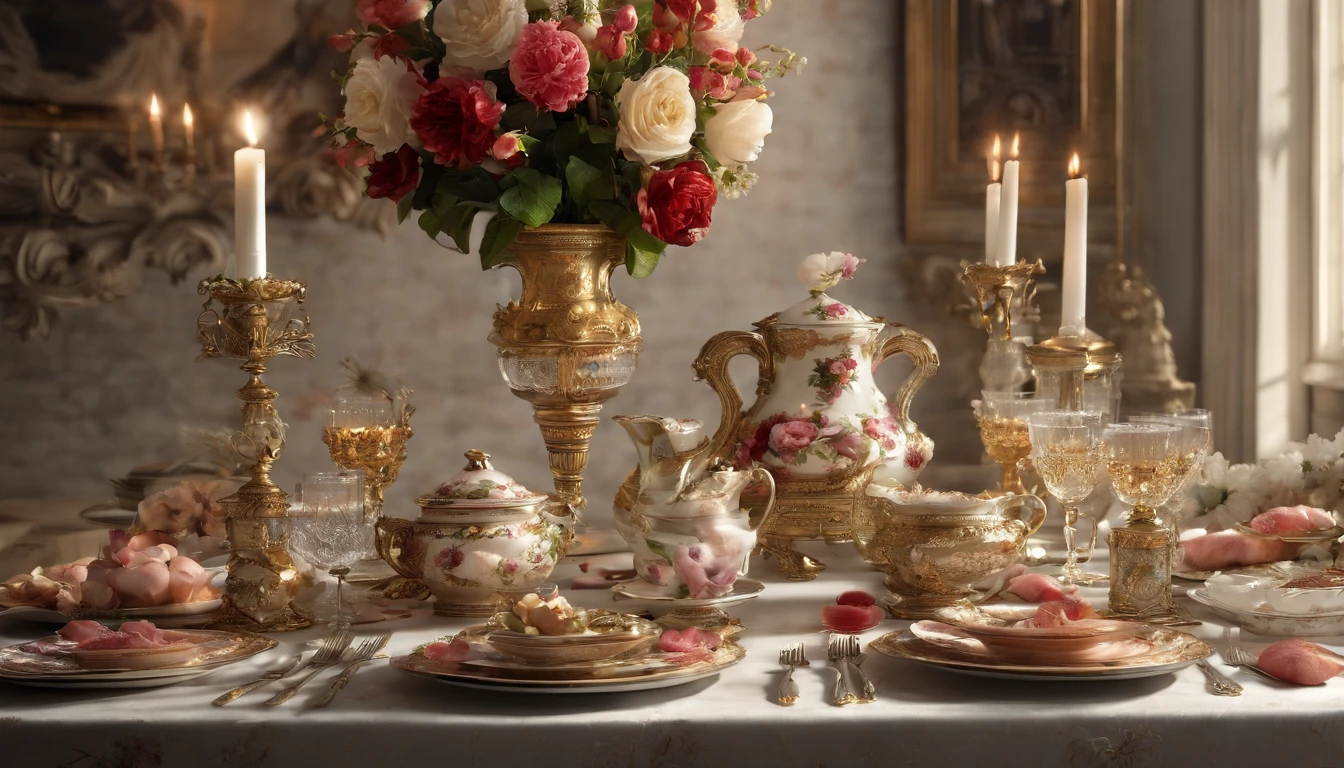 (Best quality, A high resolution, Masterpiece:1.2)French, Ultra-detailed, Surprisingly beautiful table set, Delicate flower arrangement, Natural lighting, Golden candlelight, Soft and warm color palette, Inviting atmosphere, Homely, Simple and elegant, Harmonious composition, Meticulous attention to detail, subtletextures, Tastefully furnished, Translucent glassware, Delicious fresh fruit, Crispy and juicy, Refreshing, Lovely floral scent and fruit, Exquisite porcelain dinner plate, Smooth and glossy surface, Vintage silverware, Exquisite and gorgeous design, Romantic and cozy atmosphere, Relaxing and comfortable, serenity and calm, Healthy and inviting, Elegant pleats and curtains, Rich brown color, Subtle shadows and highlights, Soft natural lighting, Soothing and peaceful atmosphere, A central ornament made of brightly colored seasonal flowers, Delicate buds and flowers, a faint fragrance in the air, The petals are beautifully arranged, Soft and natural texture, A warm and inviting color palette, Authentic and rustic elements, Crimson wine, Bubbles that surface, Candlelight reflection, glittery, Cleavage is seductive, Symbolizes abundance and vitality, A feast for the senses.in a panoramic view, deep colour, filmgrain, filmgrain, back lit lighting, Chiaroscuro, Rococo style, Chiaroscuro, Rococo style, Ray tracing, chiaroscuro, film grain, rococo style, backlighting, ray tracing, symmetry, 4K, 8K, ccurate, ccurate