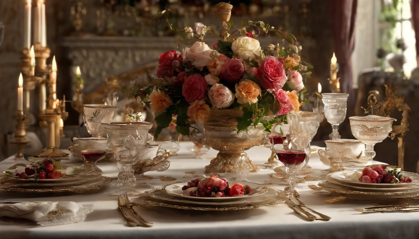 (Best quality, A high resolution, Masterpiece:1.2)French, Ultra-detailed, Surprisingly beautiful table set, Delicate flower arrangement, Natural lighting, Golden candlelight, Soft and warm color palette, Inviting atmosphere, Homely, Simple and elegant, Harmonious composition, Meticulous attention to detail, subtletextures, Tastefully furnished, Translucent glassware, Delicious fresh fruit, Crispy and juicy, Refreshing, Lovely floral scent and fruit, Exquisite porcelain dinner plate, Smooth and glossy surface, Vintage silverware, Exquisite and gorgeous design, Romantic and cozy atmosphere, Relaxing and comfortable, serenity and calm, Healthy and inviting, Elegant pleats and curtains, Rich brown color, Subtle shadows and highlights, Soft natural lighting, Soothing and peaceful atmosphere, A central ornament made of brightly colored seasonal flowers, Delicate buds and flowers, a faint fragrance in the air, The petals are beautifully arranged, Soft and natural texture, A warm and inviting color palette, Authentic and rustic elements, Crimson wine, Bubbles that surface, Candlelight reflection, glittery, Cleavage is seductive, Symbolizes abundance and vitality, A feast for the senses.in a panoramic view, deep colour, filmgrain, filmgrain, back lit lighting, Chiaroscuro, Rococo style, Chiaroscuro, Rococo style, Ray tracing, chiaroscuro, film grain, rococo style, backlighting, ray tracing, symmetry, 4K, 8K, ccurate, ccurate