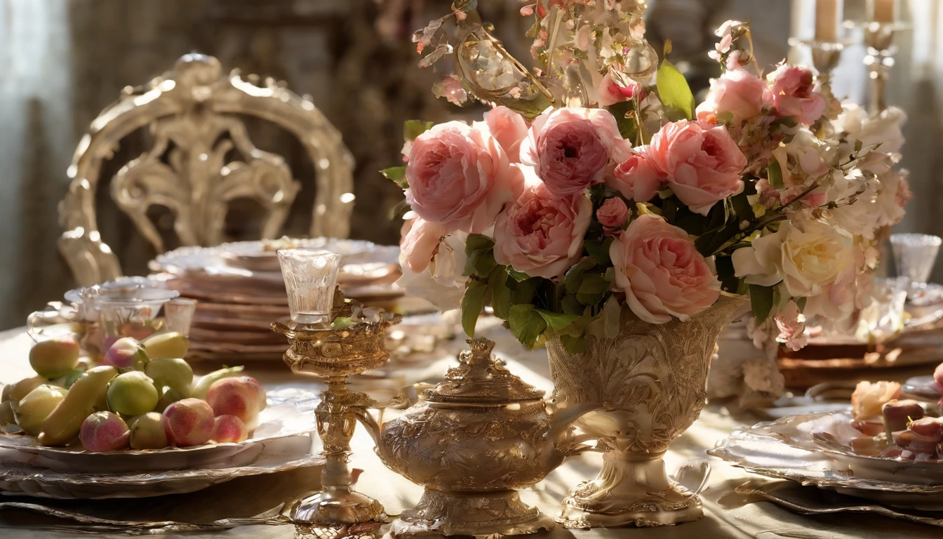 (Best quality, A high resolution, Masterpiece:1.2)French, Ultra-detailed, Surprisingly beautiful table set, Delicate flower arrangement, Natural lighting, Golden candlelight, Soft and warm color palette, Inviting atmosphere, Homely, Simple and elegant, Harmonious composition, Meticulous attention to detail, subtletextures, Tastefully furnished, Translucent glassware, Delicious fresh fruit, Crispy and juicy, Refreshing, Lovely floral scent and fruit, Exquisite porcelain dinner plate, Smooth and glossy surface, Vintage silverware, Exquisite and gorgeous design, Romantic and cozy atmosphere, Relaxing and comfortable, serenity and calm, Healthy and inviting, Elegant pleats and curtains, Rich brown color, Subtle shadows and highlights, Soft natural lighting, Soothing and peaceful atmosphere, A central ornament made of brightly colored seasonal flowers, Delicate buds and flowers, a faint fragrance in the air, The petals are beautifully arranged, Soft and natural texture, A warm and inviting color palette, Authentic and rustic elements, Crimson wine, Bubbles that surface, Candlelight reflection, glittery, Cleavage is seductive, Symbolizes abundance and vitality, A feast for the senses.in a panoramic view, deep colour, filmgrain, filmgrain, back lit lighting, Chiaroscuro, Rococo style, Chiaroscuro, Rococo style, Ray tracing, chiaroscuro, film grain, rococo style, backlighting, ray tracing, symmetry, 4K, 8K, ccurate, ccurate