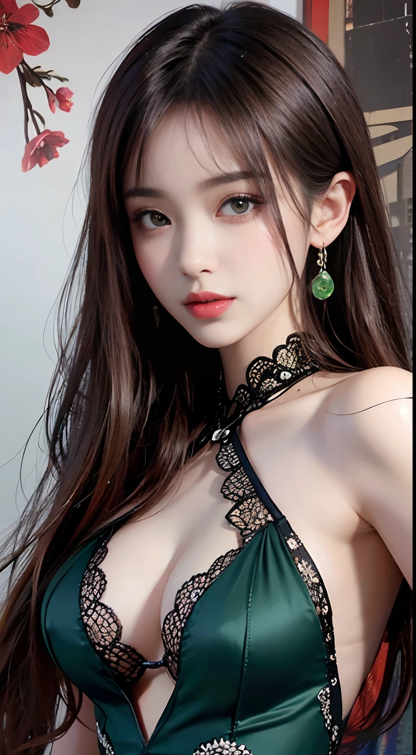Masterpiece, best picture quality, high quality, beautiful woman, Japanese, popular Korean makeup, detailed, swollen eyes, detailed eyes, detailed skin, beautiful skin, ultra high resolution, (reality: 1.4),very beautiful, slightly younger face, beautiful skin, slender, (ultra realistic), (illustration), (high resolution), (8K), (very detailed) (best illustration), (beautifully detailed eyes), (super detailed), (wallpaper), (detailed face), looking at viewer, fine detail, detailed face, pureerosfaceace_v1, smiling, looking straight ahead, looking straight ahead, angle from waist up, realistic photo, bright lighting, professional lighting, black hair (some green), long hair, dark ruins, big red moon, gorgeous red and black dress, mature woman, long stylish bangs,
