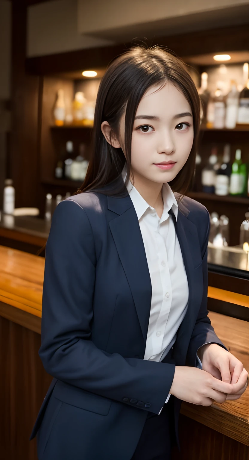 (top-quality、masterpiece:1.2)、Best Quality、realisitic、photoshot、hight resolution、1080p、8K、Textured skin、Physical Rendering、1 Japan Girls、a 、kawaii、Young Face、Rolled hair、(Suits:1.5)、Sit at the bar counter、full of shyness、smil、Big