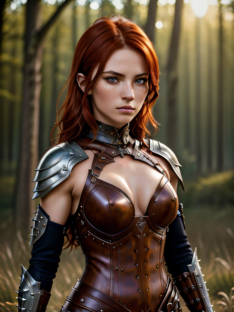 (masterpiece、top-quality、raw、analog style)、foco nítido、Stunning portrait of a beautiful woman、Four-fifths shot、Short red hair、((highlydetailed skin、Skin Details))、Brown Leather Studed Leather Armor、With shoulder armor(Lots of spikes)、Chest Armer、leather grove、Wearing long black leather pants with belt、Warrior armor、Illumination from upper left、Sharp eyes、ighly detailed、battle posture、Take dynamic poses、Detailed hand depiction、Meadow at dusk、Cluttered and detailed background