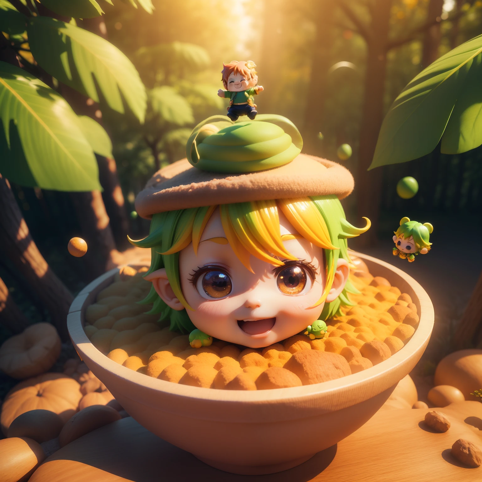Cute Baby Chibi Anime,(((chibi 3d))) (Best Quality) (Master Price)、Leprechaun (Floating in mid-air:1.3), Fly over the autumn forest, Under no gravity, Bird's Garden View、Open your mouth and smile、(Vivid rainbow:1.3)、The dazzling sunshine of the morning sun、Jewelry Decoration Costumes