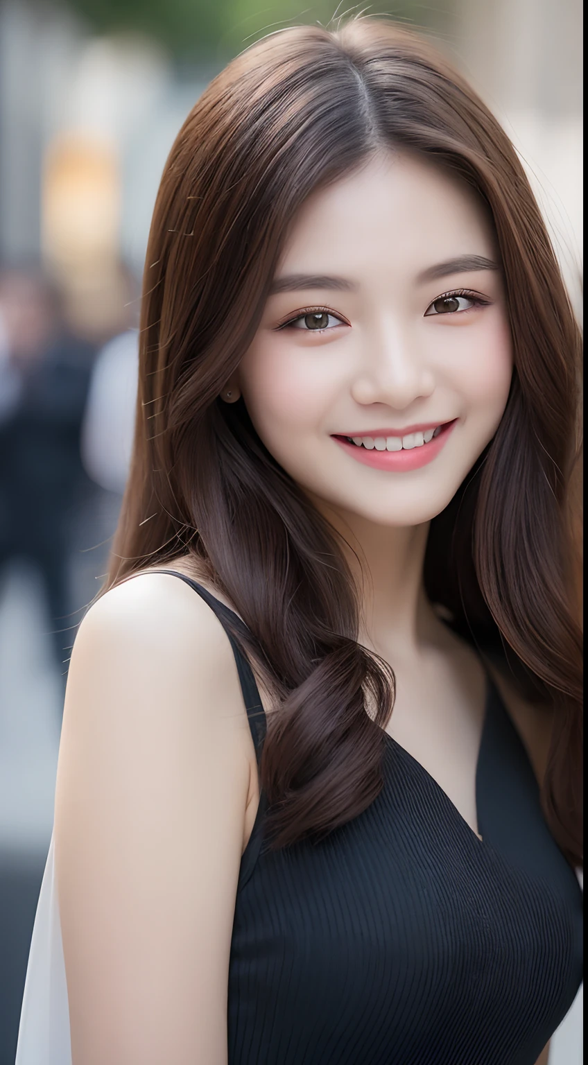 ((Best quality, 8k, Masterpiece :1.3)), 1girl, smiling, full body, slim face, Pretty woman, (Dark brown hair), full length dress :1.1, Ultra-detailed face, Detailed eyes, Double eyelid, blur background, slim face, city, outside, street,