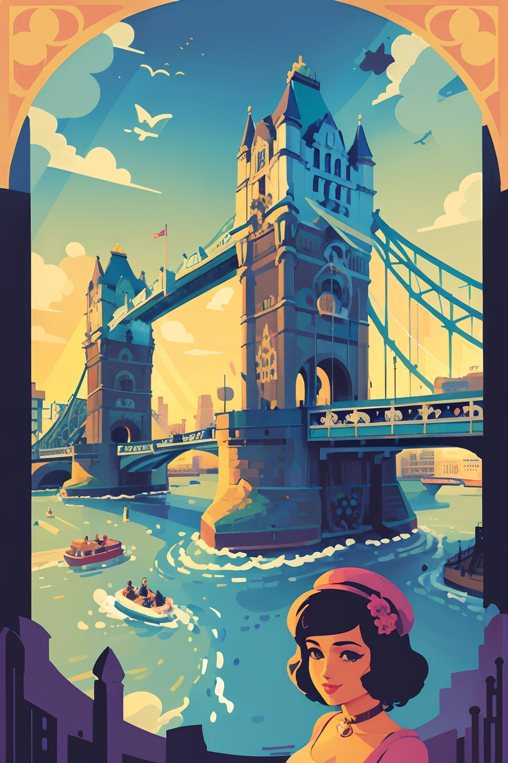 digital art, bridge over the river with a boat passing by, tower bridge, london, river thames, elegant bridges between towers, thames river, the fabulous city of london, soaring towers and bridges, in london, united kingdom, great britain, tall bridge with city, typical, london south bank, vibrant tourism poster, digital art, retro poster, poster vintage, vintage poster style, poster art style, 🪔 🎨;🌞🌄, beautiful retro art, art deco poster, illustrated poster
