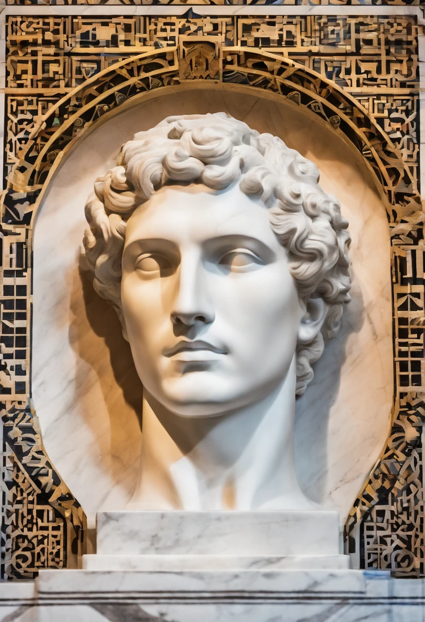 Photo of the face of a white marble statue of a Roman man, camera facing the side of the face