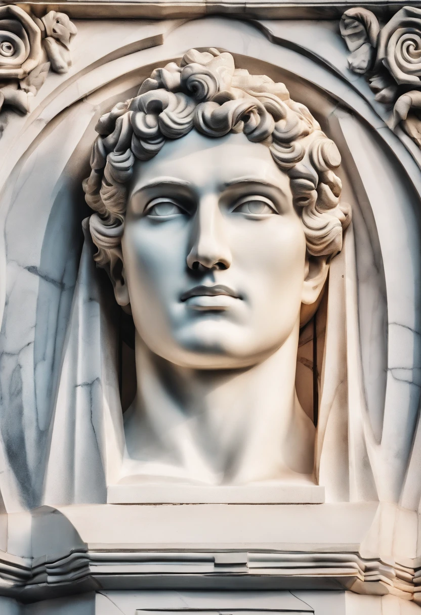 Photo of the face of a white marble statue of a Roman man, camera facing the side of the face