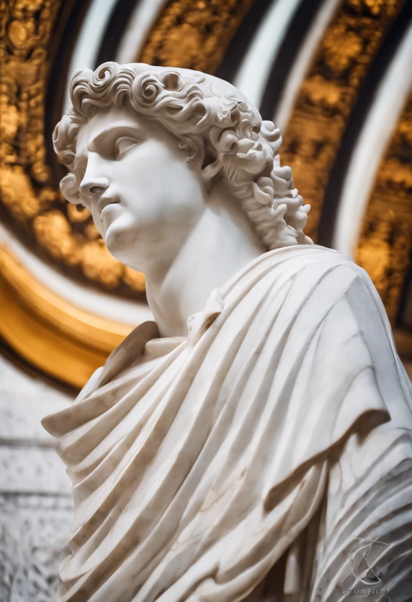 Photo of the face of a white marble statue of a Roman man, camera facing the side of the face