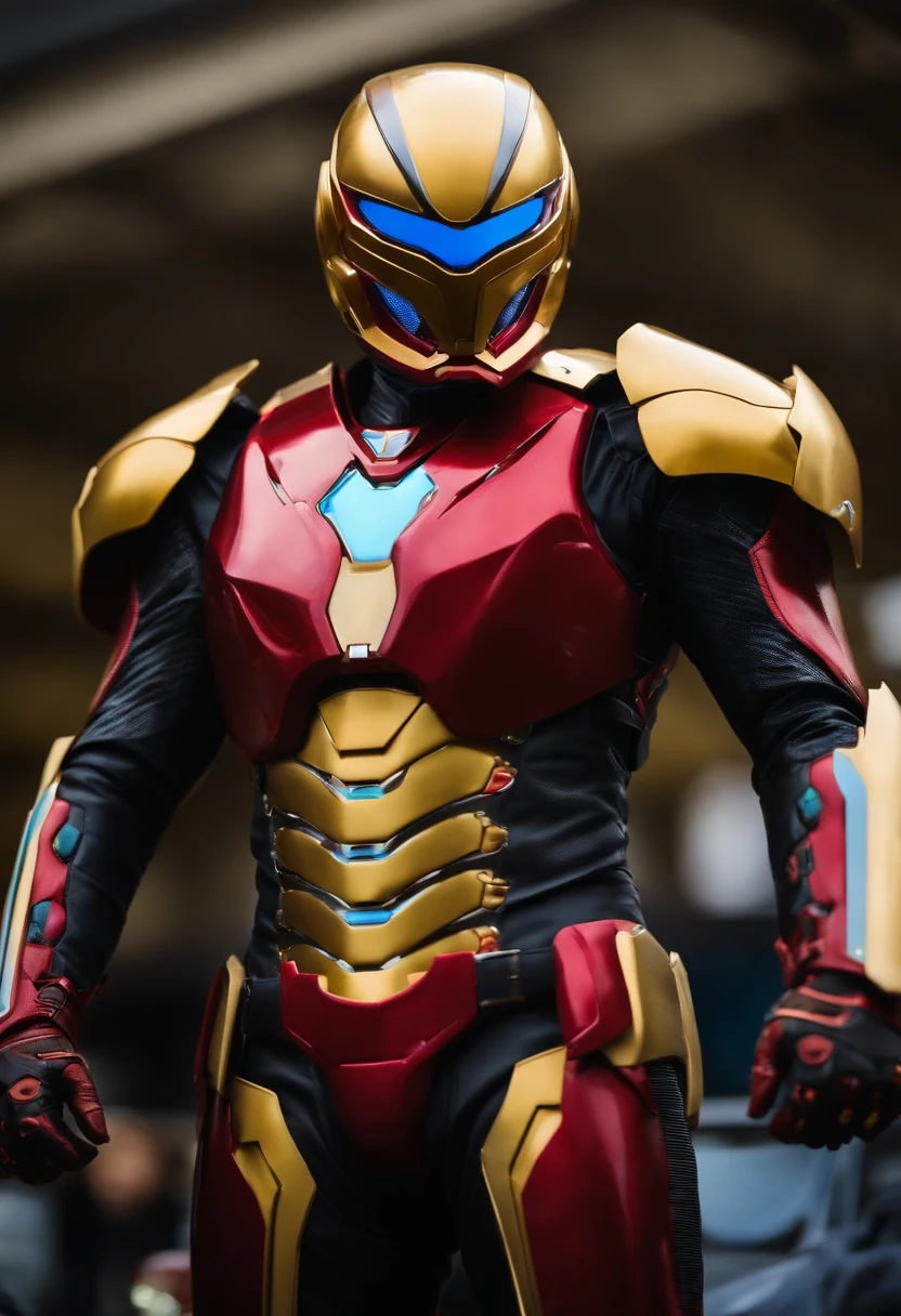 male super sentai with red and gold details in armor using a big scart making a pose using super sentai helmet futuristic