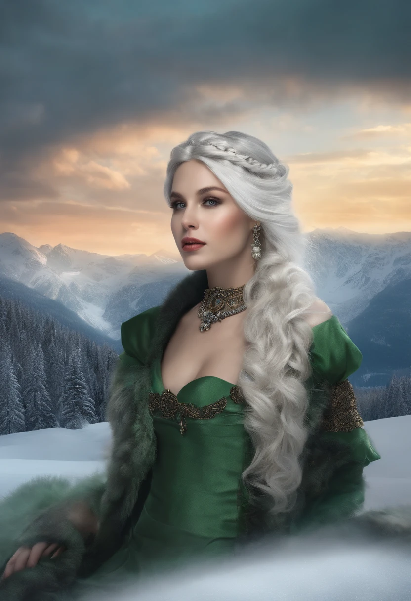 Vintage style fantasy, Masterpiece, Magnificent art, Best quality, 1girll, Close up girl Nordic princess, Scandinavian mountains, Winter weather, symmetrical and hyper detailed face, Silky skin like peach silk, Energetic and aggressive green eyes, Gray hair is messy，All the way to the waist, Sculptural body, (spark of light: 0.7), Adobe illustration, Trand on Artstation, 8K, HD, hyper HD, Cool soft lighting,  --q 500 --s 100, -