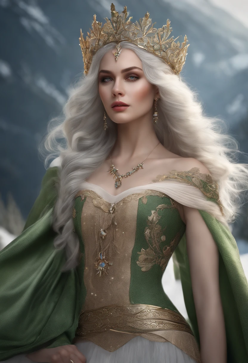 Vintage style fantasy, Masterpiece, Magnificent art, Best quality, 1girll, Close up girl Nordic princess, Scandinavian mountains, Winter weather, symmetrical and hyper detailed face, Silky skin like peach silk, Energetic and aggressive green eyes, Gray hair is messy,All the way to the waist, Sculptural body, (spark of light: 0.7), Adobe illustration, Trand on Artstation, 8K, HD, hyper HD, Cool soft lighting, --q 500 --s 100, -
