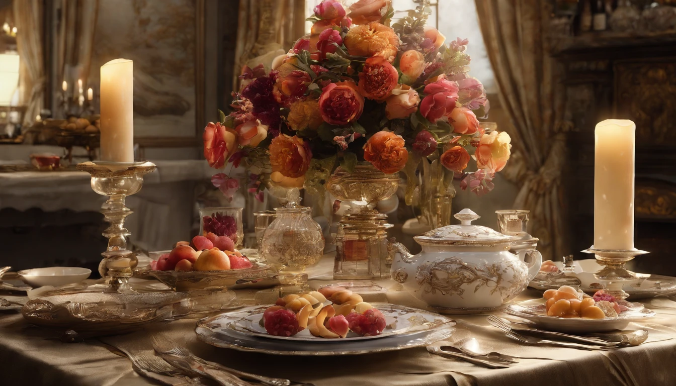 (Best quality, A high resolution, Masterpiece:1.2)French, Ultra-detailed, Surprisingly beautiful table set, Delicate flower arrangement, Natural lighting, Golden candlelight, Soft and warm color palette, Inviting atmosphere, Homely, Simple and elegant, Harmonious composition, Meticulous attention to detail, subtletextures, Tastefully furnished, Translucent glassware, Delicious fresh fruit, Crispy and juicy, Refreshing, Lovely floral scent and fruit, Exquisite porcelain dinner plate, Smooth and glossy surface, Vintage silverware, Exquisite and gorgeous design, Romantic and cozy atmosphere, Relaxing and comfortable, serenity and calm, Healthy and inviting, Elegant pleats and curtains, Rich brown color, Subtle shadows and highlights, Soft natural lighting, Soothing and peaceful atmosphere, A central ornament made of brightly colored seasonal flowers, Delicate buds and flowers, a faint fragrance in the air, The petals are beautifully arranged, Soft and natural texture, A warm and inviting color palette, Authentic and rustic elements, Crimson wine, Bubbles that surface, Candlelight reflection, glittery, Cleavage is seductive, Symbolizes abundance and vitality, A feast for the senses.in a panoramic view, deep colour, filmgrain, filmgrain, back lit lighting, Chiaroscuro, Rococo style, Chiaroscuro, Rococo style, Ray tracing, chiaroscuro, film grain, backlighting, ray tracing, symmetry, 4K, 8K, ccurate, ccurate