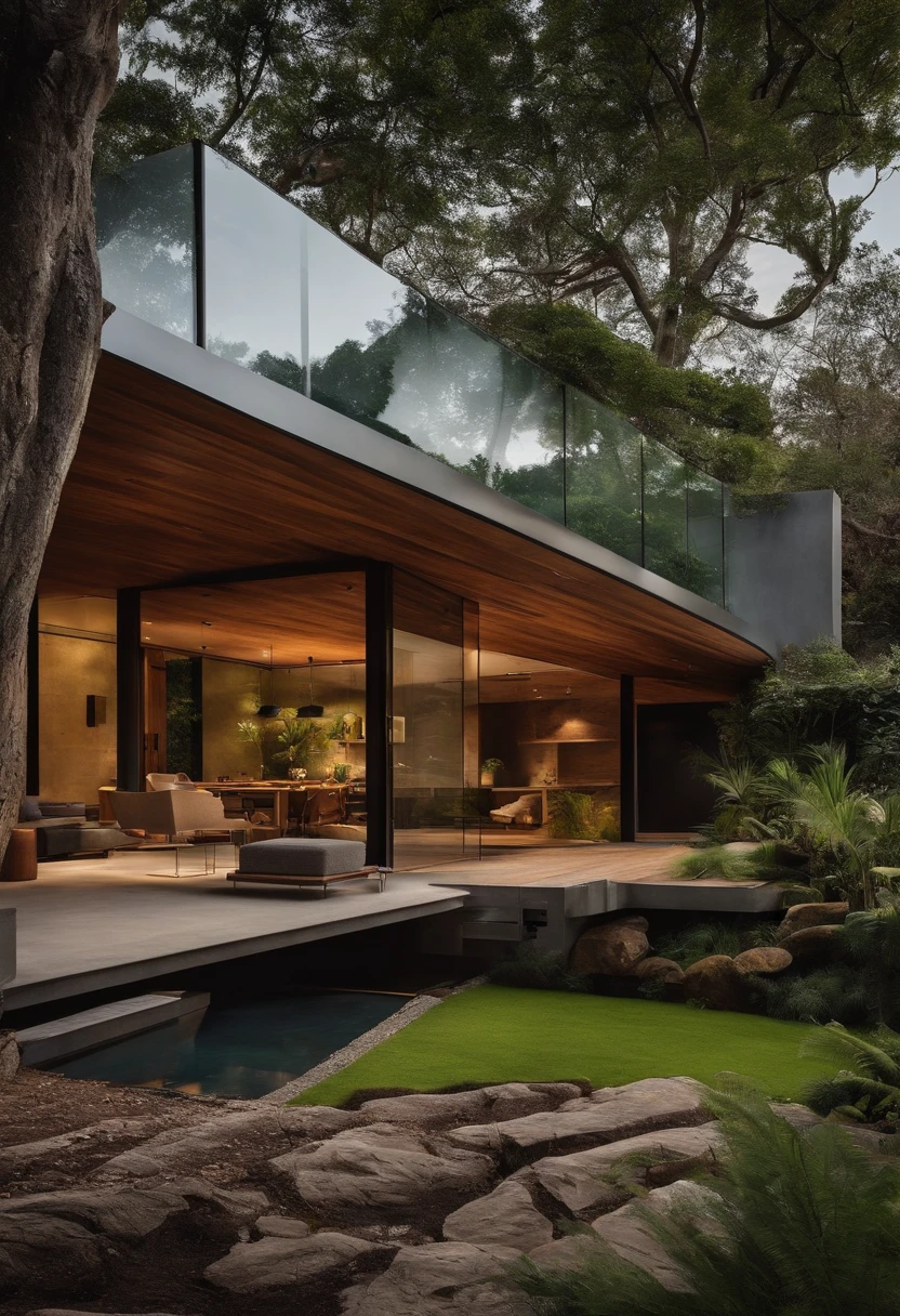 UMA CASA TERREA, COM ELEMENTOS NATURAIS, WOOD, CONCRETE, STEEL, GLASS, LANDSCAPING.
