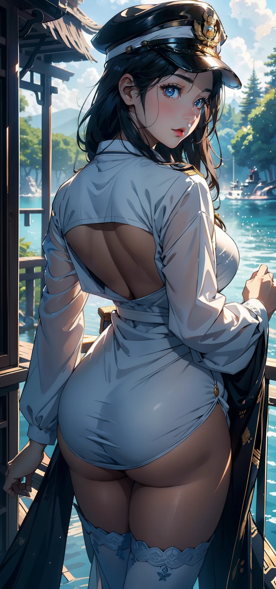 1female,35yo,A MILF,plumw,extremely large bosom, 独奏,(Background with:Mare,battleships,ports,ln the forest,lotus flower,pools of water)Deep in the forest, She has short black hair,bobo head,Maiden Station,,seen from the front, hair straight, mostly cloudy sky,(((tmasterpiece),(Very detailed CG unity 8K wallpaper),best qualtiy,cinmatic lighting,detailed back ground,beatiful detailed eyes,Bright pupils,Blue eyes,(Very fine and beautiful),(Beautiful and detailed eye description),ultra - detailed,tmasterpiece,))Redlip,facing at camera,A high resolution,ultra - detailed),Camel toes,Flushed complexion,Desire for dissatisfaction,frontage,SakuraNS ,US Navy,Snowflake decoration,Officer's cap(Wearing:Marshal uniform)
