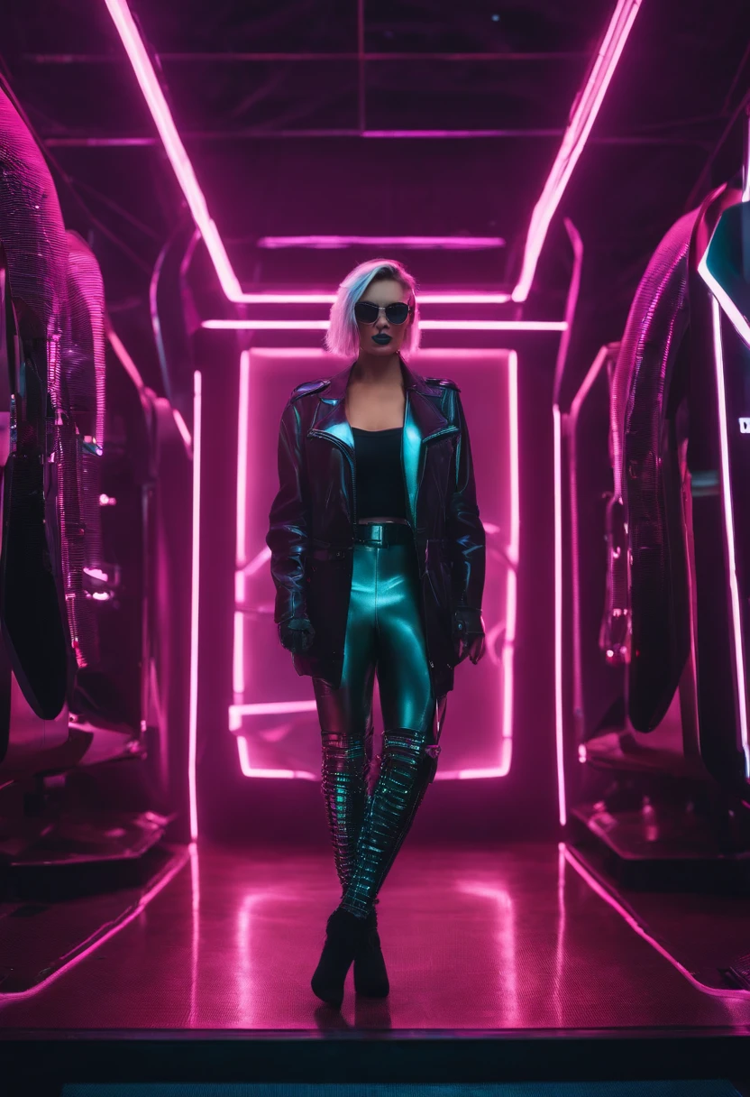 Por favor, gere uma imagem de uma DJ feminina perfeitamente integrada com equipamentos de mixagem de ponta em uma boate com tema cyberpunk. A boate deve ter um visual futurista, neon-lit environment with holographic displays and elements of urban decay. O DJ deve estar no centro da imagem, Skillfully manipulate the equipment with a dynamic pose. Your costume and appearance should reflect the cyberpunk aesthetic, com roupas futuristas, cabelo neon, and cyber enhancements, If possible. Toda a cena deve exalar uma alta tecnologia, dystopian atmosphere.