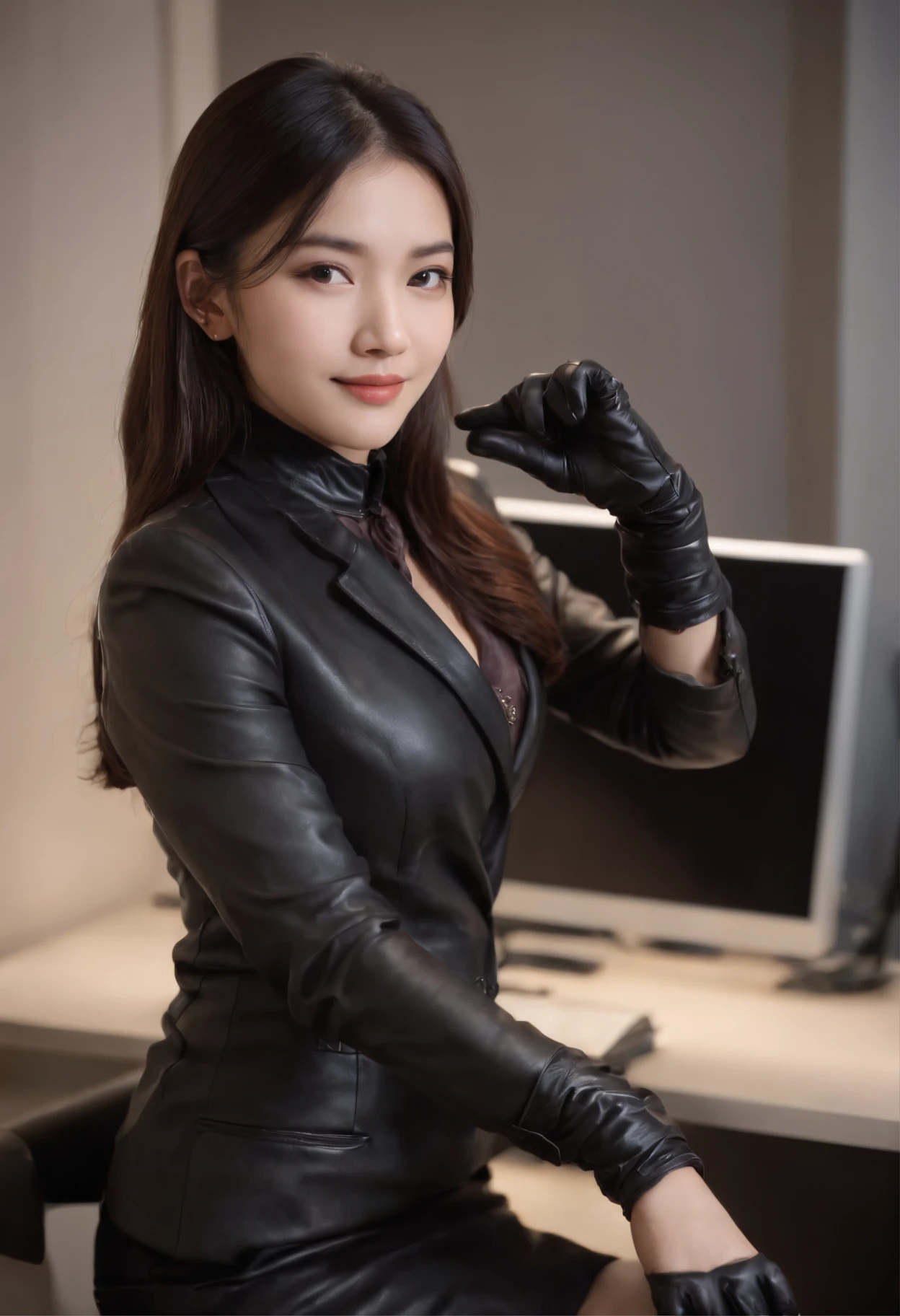 Wearing black leather gloves in both hands, upper body, black business suit, facing the desk in my room with a computer in the dark, looking down and smiling, operating the computer with the fingertips of black leather gloves, black hair bundled at the back for a long time, still young and very cute Japanese female new employee (black leather gloves cover both hands)