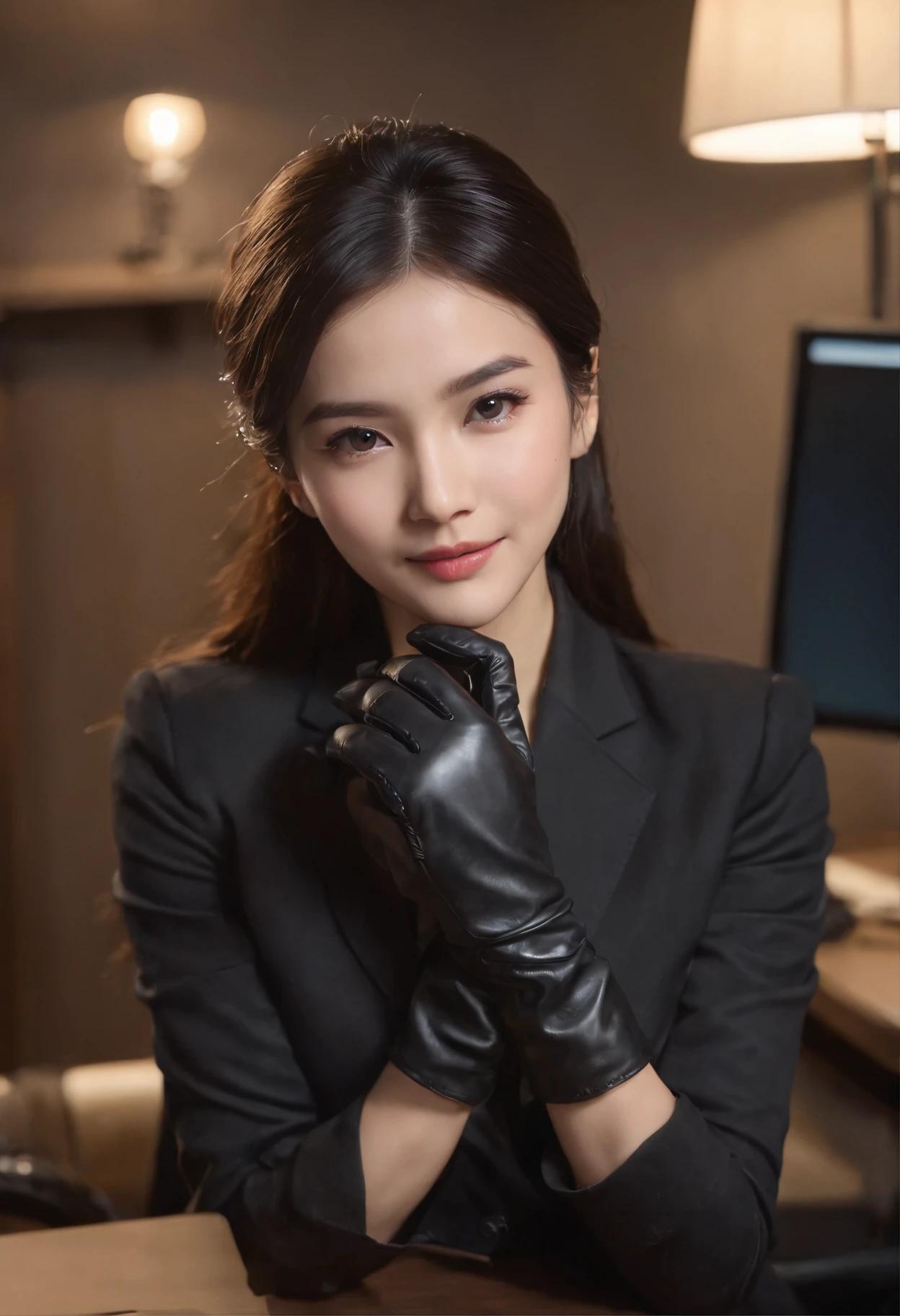 Wearing black leather gloves in both hands, upper body, black business suit, facing the desk in my room with a computer in the dark, looking down and smiling, operating the computer with the fingertips of black leather gloves, black hair bundled at the back for a long time, still young and very cute Japanese female new employee (black leather gloves cover both hands)