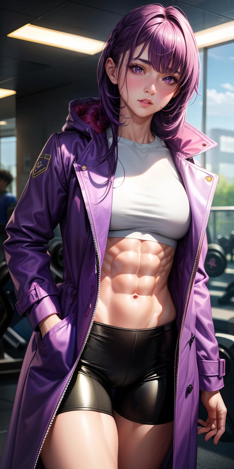 realistic, 1girl, purple hair, purple eyes, glowing eyes, coat, parted lips, blush, gym, abs, muscles, biceps