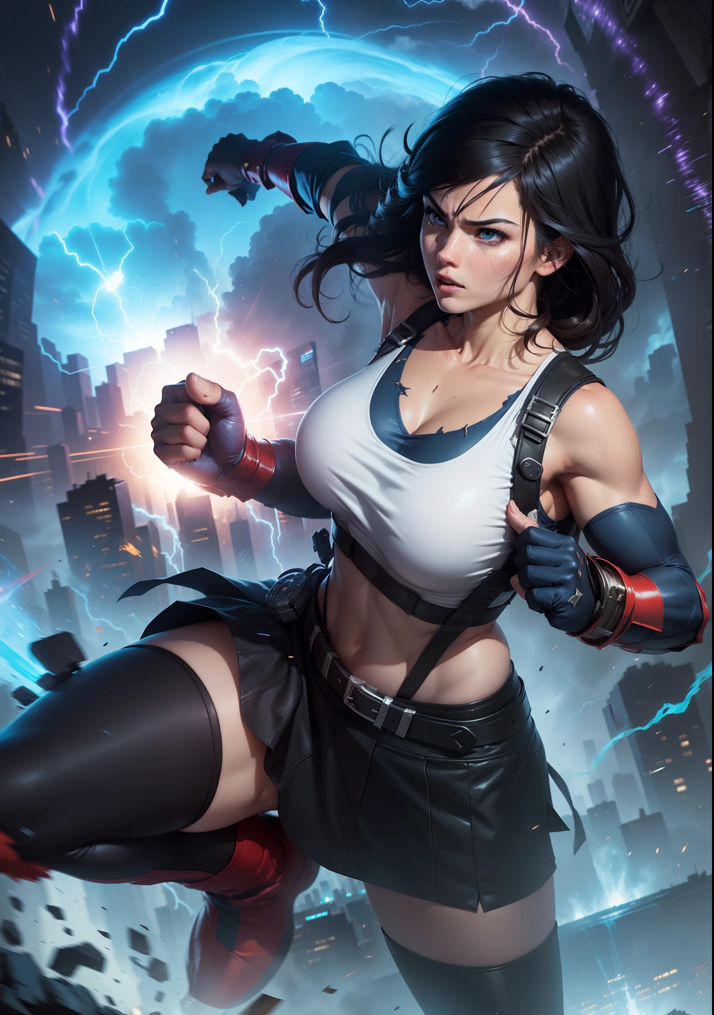 a powerful hero, vibrant colors, dynamic lighting, detailed costume, intense action scene, extraordinary abilities, breathtaking special effects, cinematic quality, Epic showdown, realistic CGI, high definition resolution, Iconic superhero pose, composition dramatic, city skyline scenery, intense facial expression, intense energetic aura, superhero emblem, superhuman strength, flying skills, lightning-fast speed, invincibility, heroic determination, explosive power, heroic justice, iconic mask, heroic cape , nimble movements, intense battle intensity, Superheroic Charisma, immersive storytelling, larger than life presence, thrilling adventure, victorious triumph, Ultimate Superhero cinematic scene destruction girl
