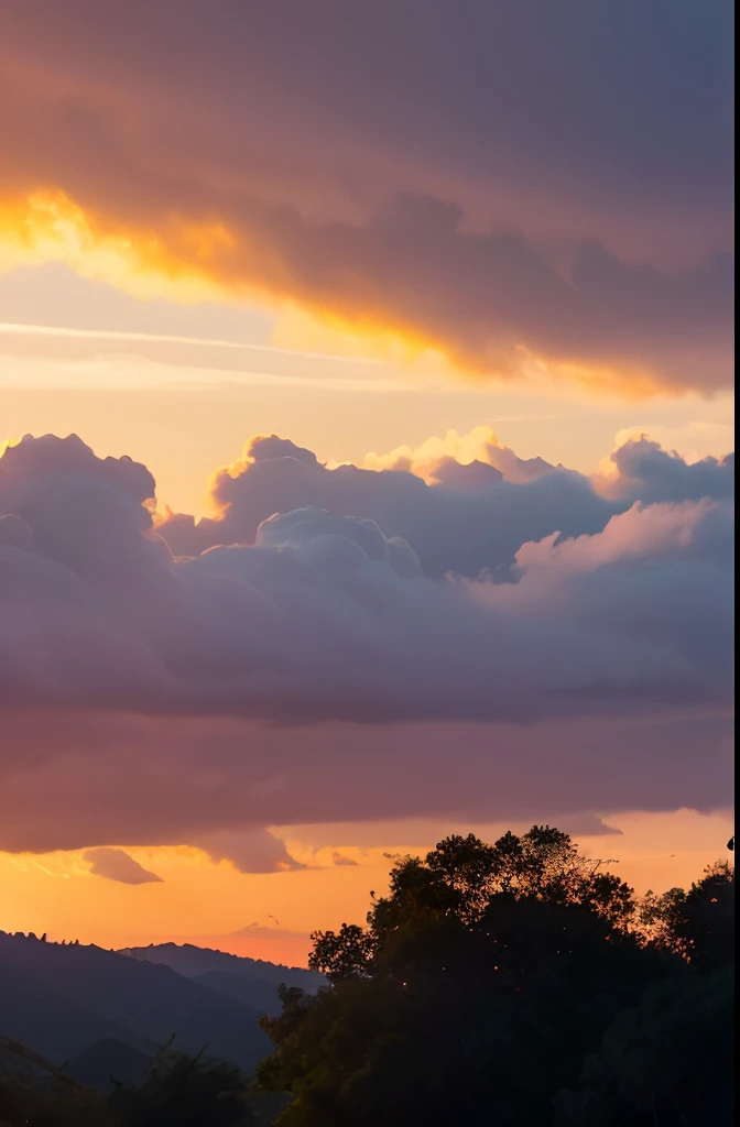 nascer do sol, montanhas, floresta, Casa de Madeira, Birds flying, multicolored sky, detalhada, Intrincado, UHD, Fujifilm XT3