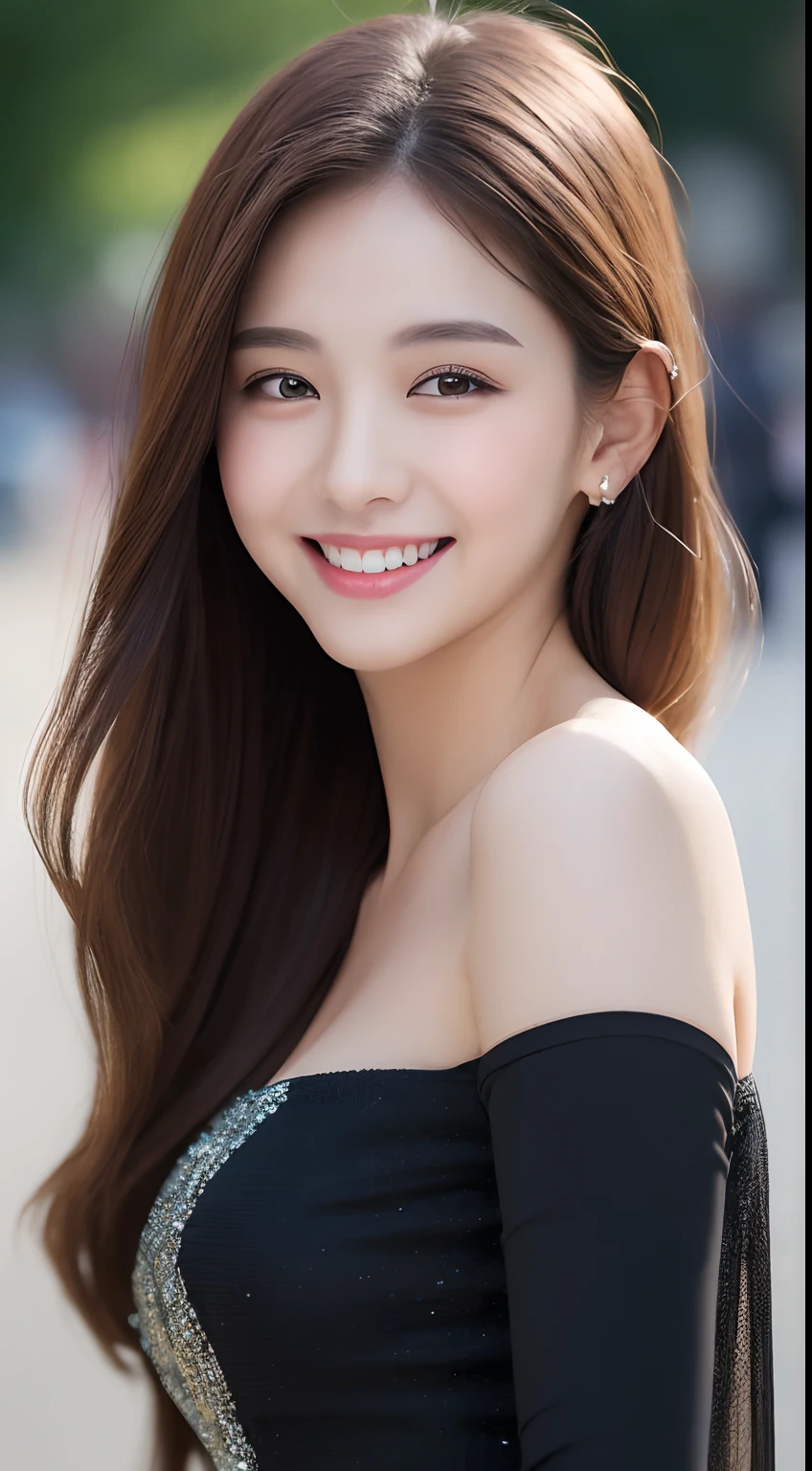 ((Best quality, 8k, Masterpiece :1.3)), 1girl, smiling, full body, slim face, Pretty woman, (Dark brown hair), full length dress :1.1, Ultra-detailed face, Detailed eyes, Double eyelid, blur background, slim face, city, outside, street,
