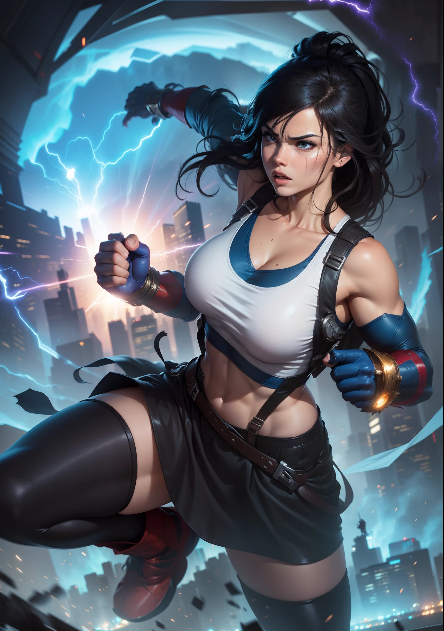 a powerful hero, vibrant colors, dynamic lighting, detailed costume, intense action scene, extraordinary abilities, breathtaking special effects, cinematic quality, Epic showdown, realistic CGI, high definition resolution, Iconic superhero pose, composition dramatic, city skyline scenery, intense facial expression, intense energetic aura, superhero emblem, superhuman strength, flying skills, lightning-fast speed, invincibility, heroic determination, explosive power, heroic justice, iconic mask, heroic cape , nimble movements, intense battle intensity, Superheroic Charisma, immersive storytelling, larger than life presence, thrilling adventure, victorious triumph, Ultimate Superhero cinematic scene destruction girl