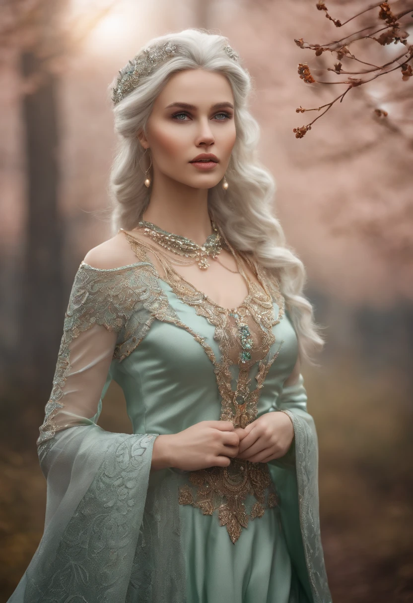 A woman in a green dress and tiable standing in a forest - SeaArt AI