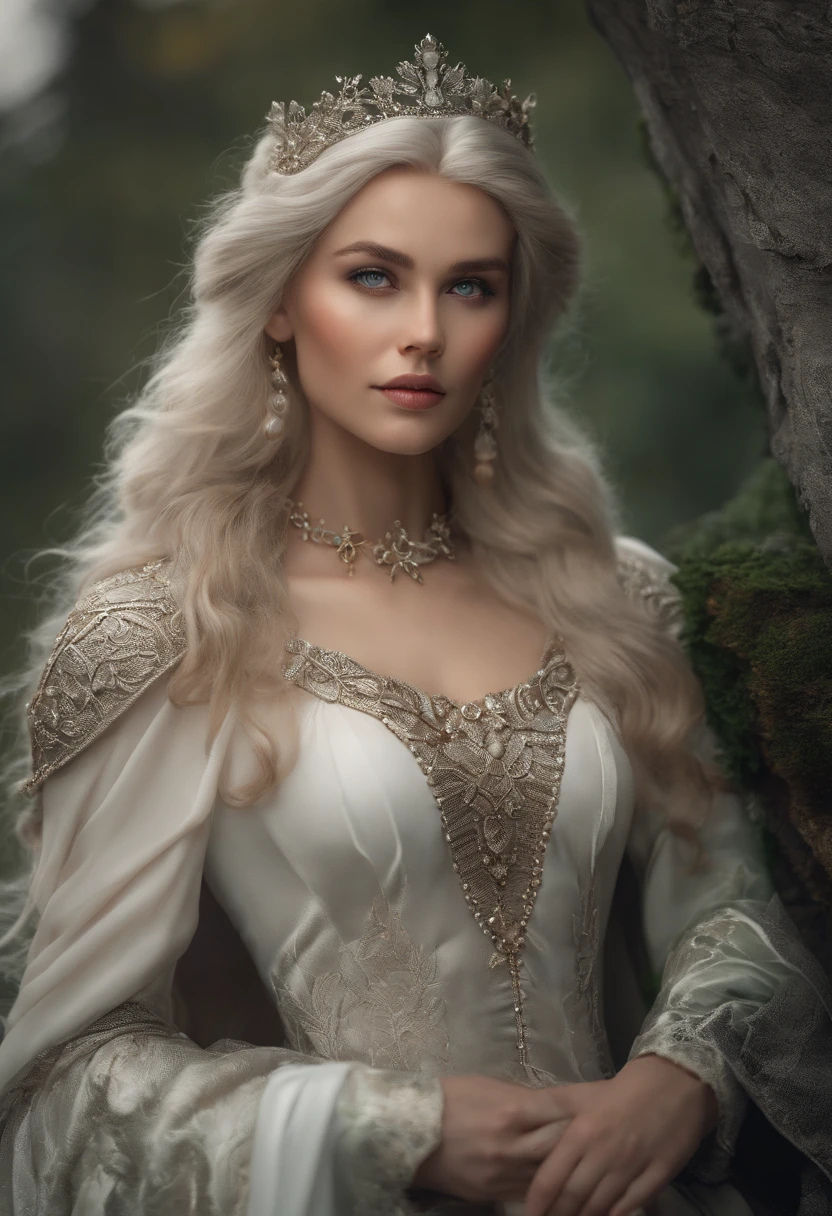 Vintage style fantasy, Masterpiece, Magnificent art, Best quality, 1girll, Close up girl Nordic princess, Scandinavian mountains, Winter weather, symmetrical and hyper detailed face, Silky skin like peach silk, Energetic and aggressive green eyes, Gray hair is messy，All the way to the waist, Sculptural body, (spark of light: 0.7), Adobe illustration, Trand on Artstation, 8K, HD, hyper HD, Cool soft lighting,  --q 500 --s 100, -((( are worn，toppless)))
