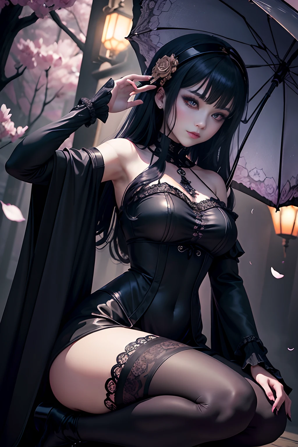 Gothic ta、gotik、18year old、boredom、garterbelts、knee high socks、A slight smil、A sexy、Glamour、shadings、wretched、Beautie、Glamorous、Dark smile、Dark ambient space、bell sleeves、Wizard Sleeve、Deep、gasp、doress、Cheek dyeing、Beautiful world、Goth Lorica Headband、Dark Gothic Makeup、Mysterious、Japanese umbrella、Night cherry blossom background、、Black long straight hair、One Piece Lace Blue、the witch、gasp、doress、