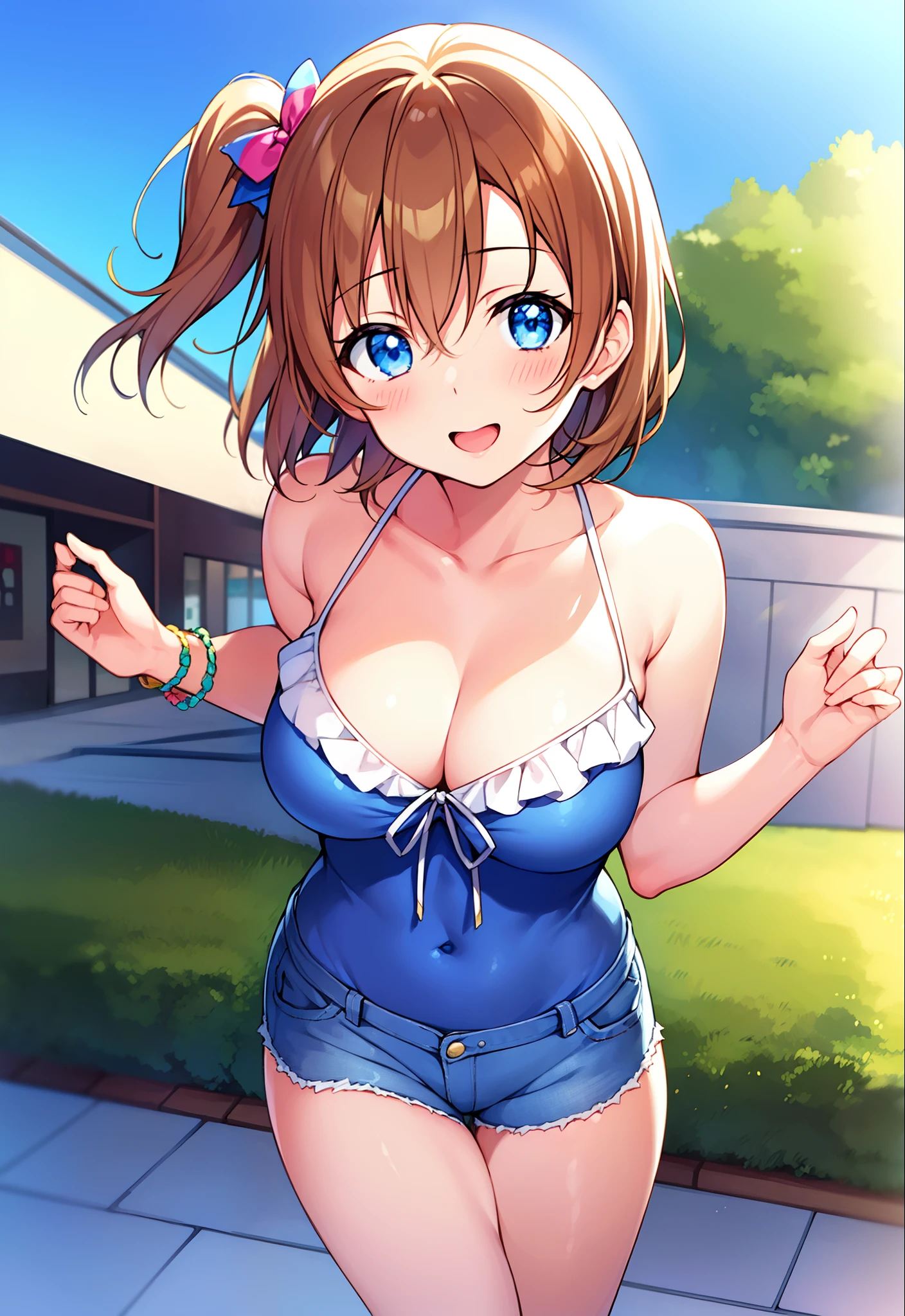 Kousaka honoka, blue eyes, best quality, masterpiece, upper body, standing, solo focus, short hair, medium breasts, one-piece_tan, tan, cleavage, bikni top, denim jeans shorts, looking at viewer, mall, (blush:1.2), happy, on bike