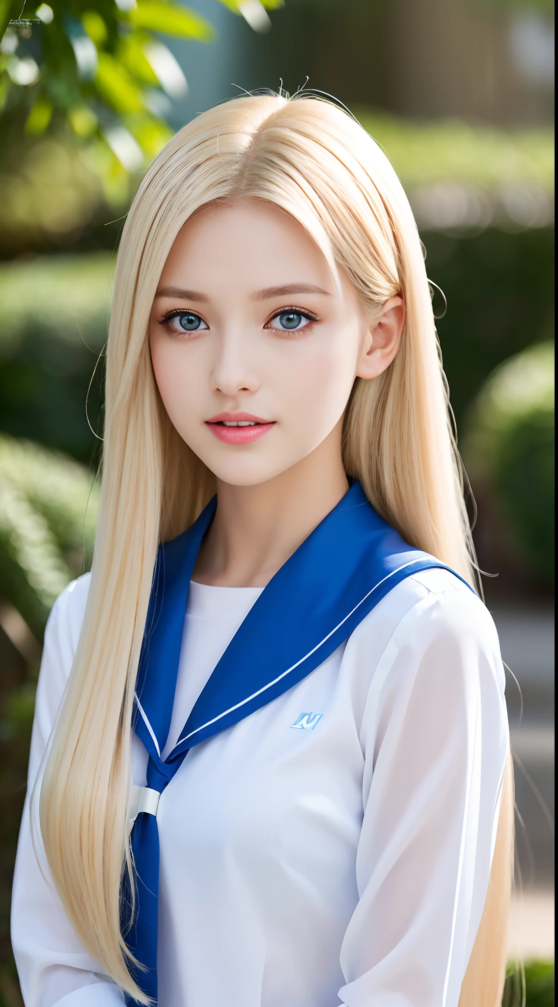 RAW photos, ((Portrait of extreme beauty))), upper body, (((glossy glossy skin)), one, 17-year-old pretty beautiful girl, (shiny bright platinum blonde)), disheveled hair, [bright light blue big eyes shining with high definition], silky straight hair, super long hair, eyeliner, shiny bangs, fluttering hair, inviting expression, smile, ((masterpiece, highest quality, Ultra detail, light, complex detail, high resolution, 8k, very detail)), detailed background, 8k uhd, high quality, shallow depth of field, natural light, (perfect hands), school uniform, sailor suit, puritanical