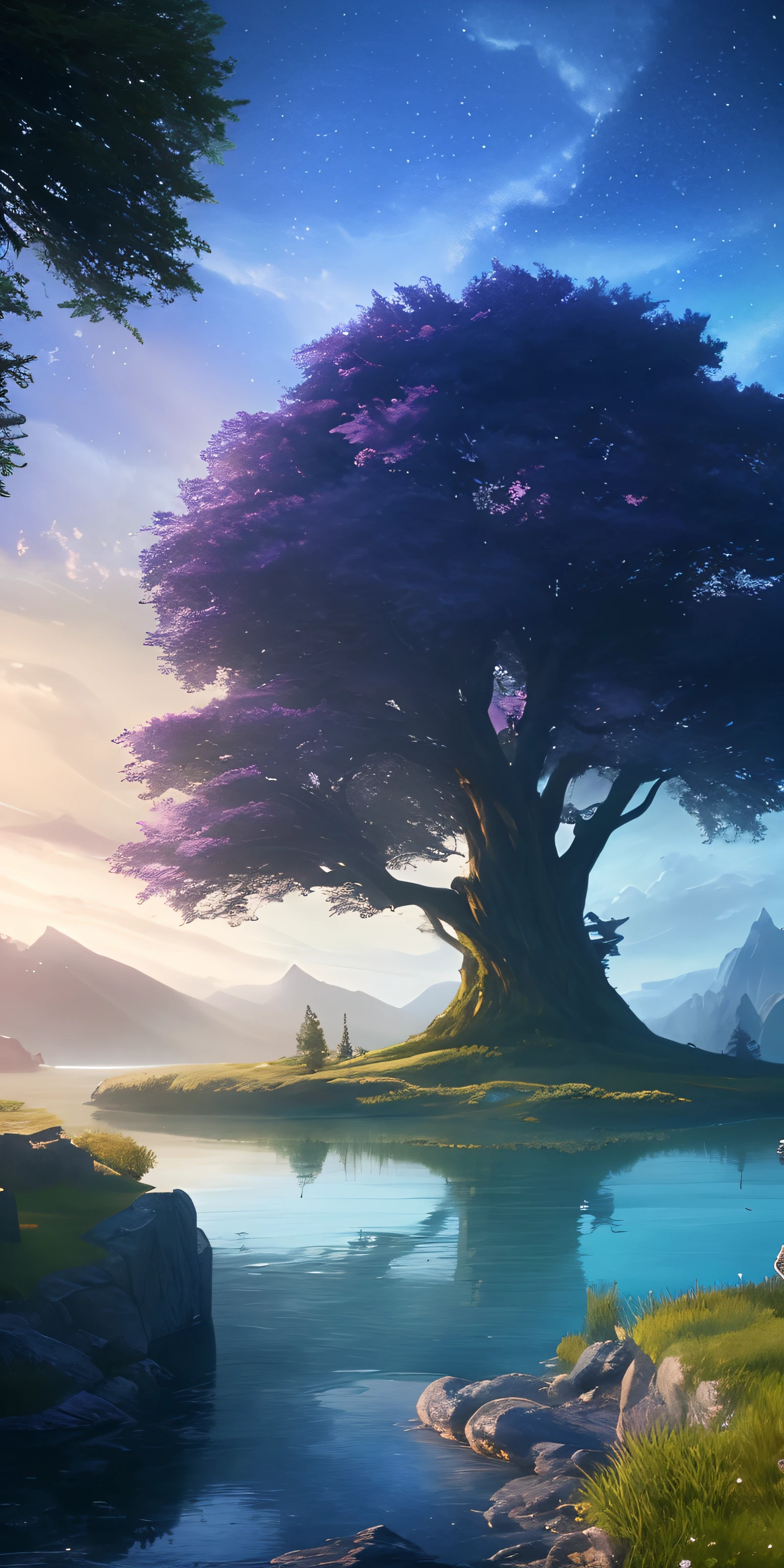 there is a tree that is standing in the grass by the water, Fantasy Tree, made of tree and fantasy valley, Concept art wallpaper 4K, Fantasy art landscape, epic dreamlike fantasy landscape, Magical tree, 4K fantasy art, background artwork, 4k highly detailed digital art, impressive fantasy landscape, Unreal Engine fantasy art, Epic fantasy landscape