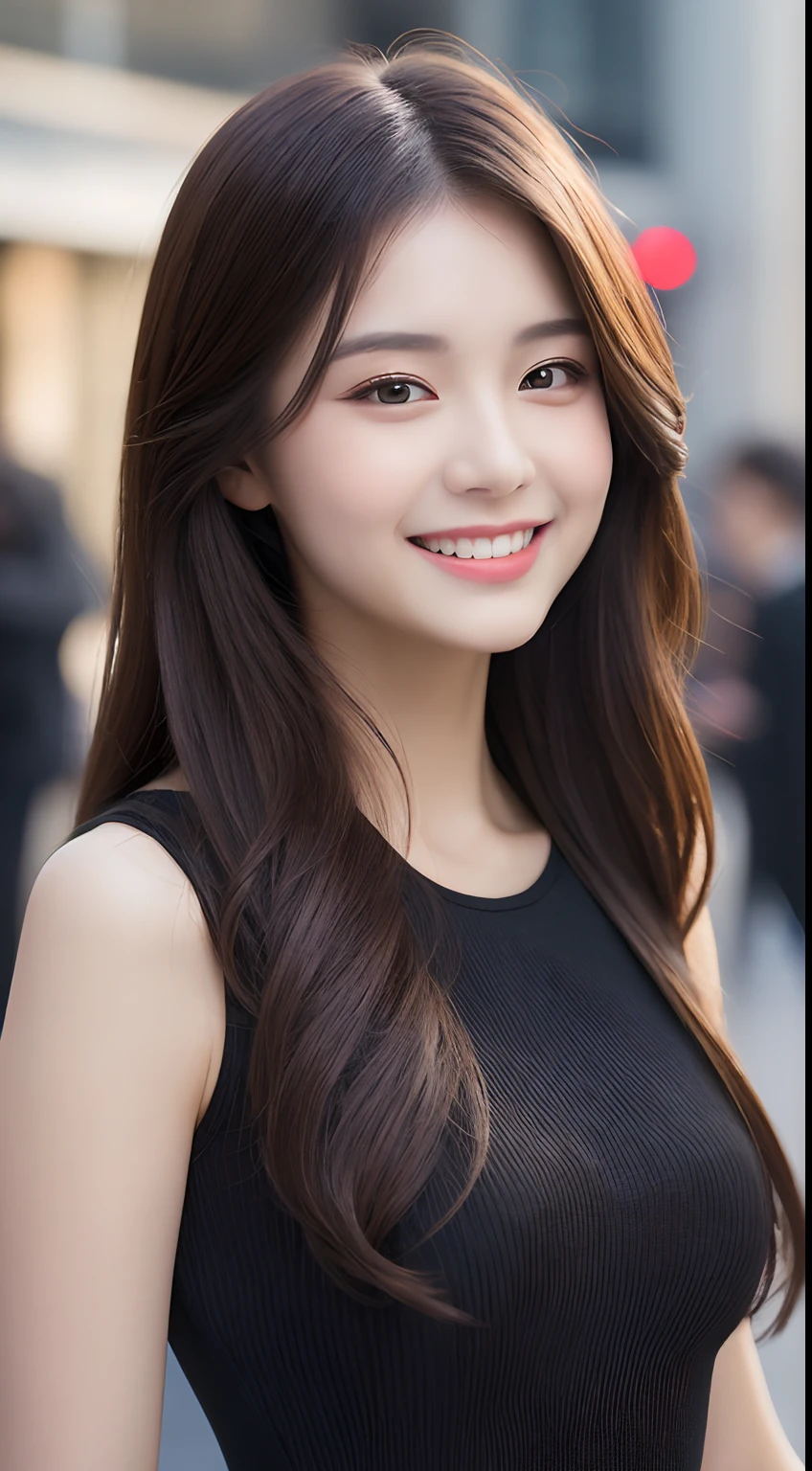 ((Best quality, 8k, Masterpiece :1.3)), 1girl, smiling, full body, slim face, Pretty woman, (Dark brown hair), full length dress :1.1, Ultra-detailed face, Detailed eyes, Double eyelid, blur background, slim face, city, outside, street,
