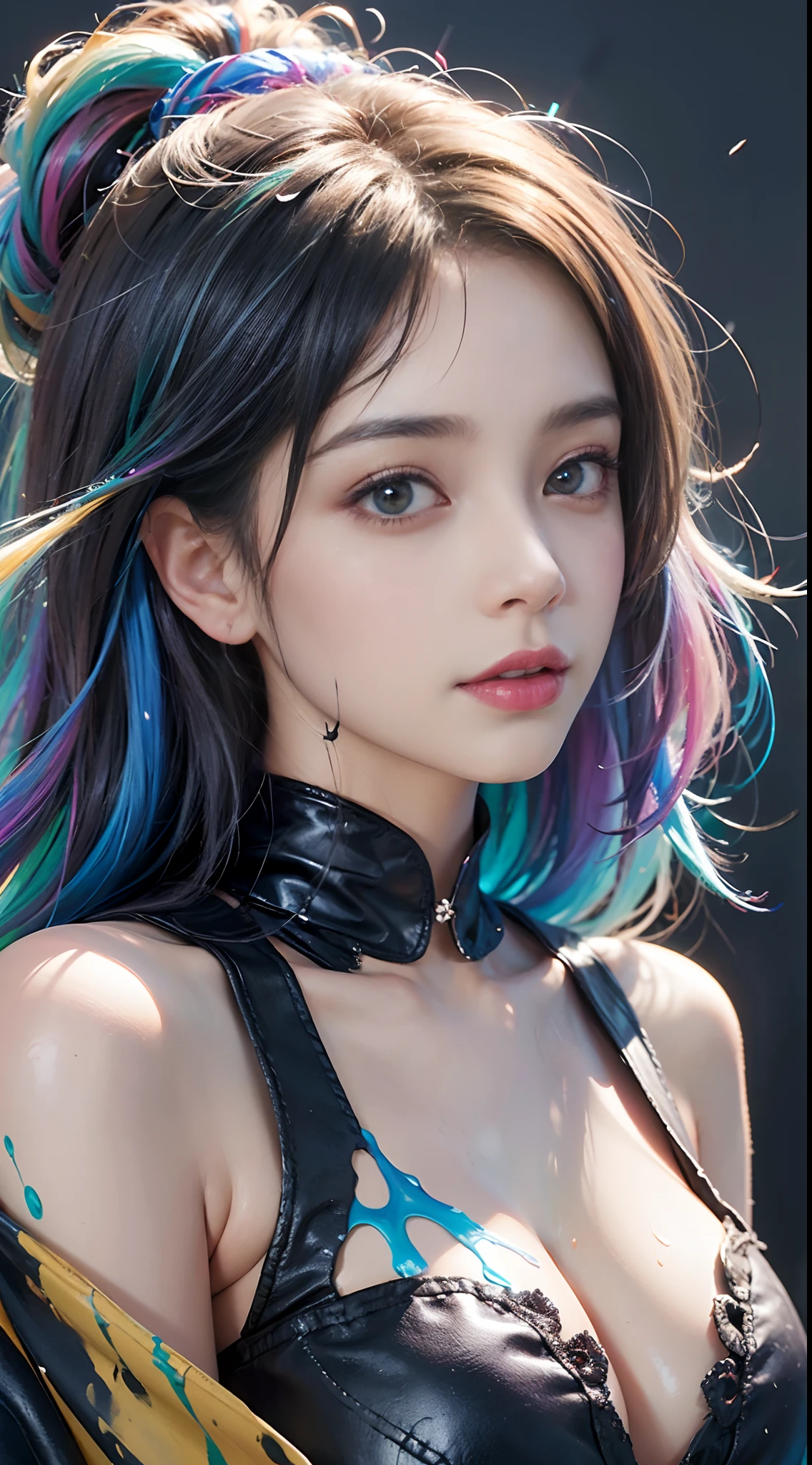 (level difference: 1.8),(Paint colliding and splashing on canvas),(Depth of field),adorable creature,elegant, strong between boho and modern. With many colors and no defined (liquid paint rainbow hair:1.1) Made of paint,anti gravity, Thick flow, (Splashes of paint: 1.3), liquid state, Beautiful, Masterpiece, Detailed background, high quality model, Ethereal background, Abstract beauty, Explosive volume, Oil painting, Heavy brushstrokes, romantic lighting, Sub-surface scattering, Lens 135mm, F1.8, luminance, 8K, high resolution, Dreamy, Ray tracing, hdr, divine rays,