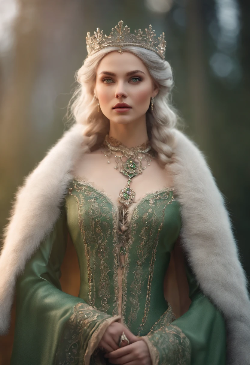 Vintage style fantasy, Masterpiece, Magnificent art, Best quality, 1girll, Close up girl Nordic princess, Scandinavian mountains, Winter weather, symmetrical and hyper detailed face, Silky skin like peach silk, Energetic and aggressive green eyes, Gray hair is messy，All the way to the waist, Sculptural body, (spark of light: 0.7), Adobe illustration, Trand on Artstation, 8K, HD, hyper HD, Cool soft lighting,  --q 500 --s 100, -((( Worn out，toppless)))