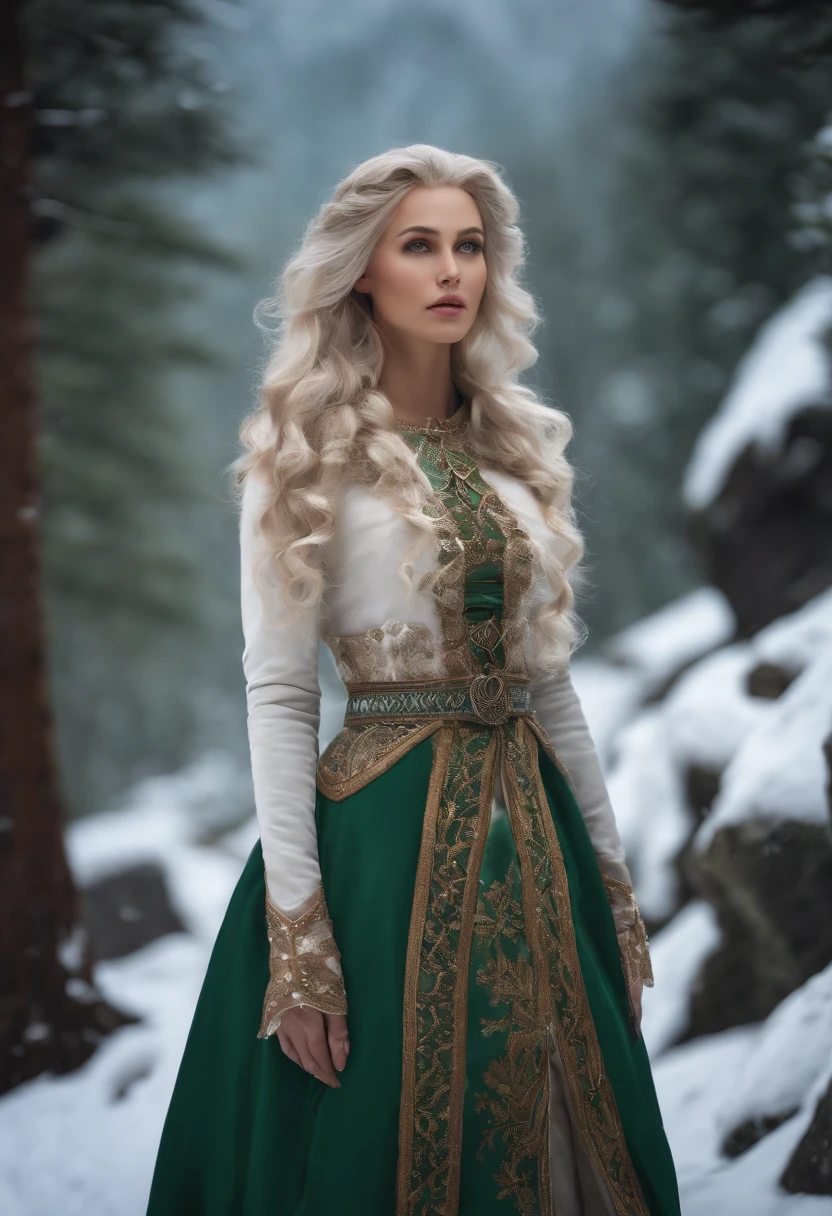 Vintage style fantasy, Masterpiece, Magnificent art, Best quality, 1girll, Close up girl Nordic princess, Scandinavian mountains, Winter weather, symmetrical and hyper detailed face, Silky skin like peach silk, Energetic and aggressive green eyes, Gray hair is messy,All the way to the waist, Sculptural body, (spark of light: 0.7), Adobe illustration, Trand on Artstation, 8K, HD, hyper HD, Cool soft lighting, --q 500 --s 100, -((( Worn out,toppless)))